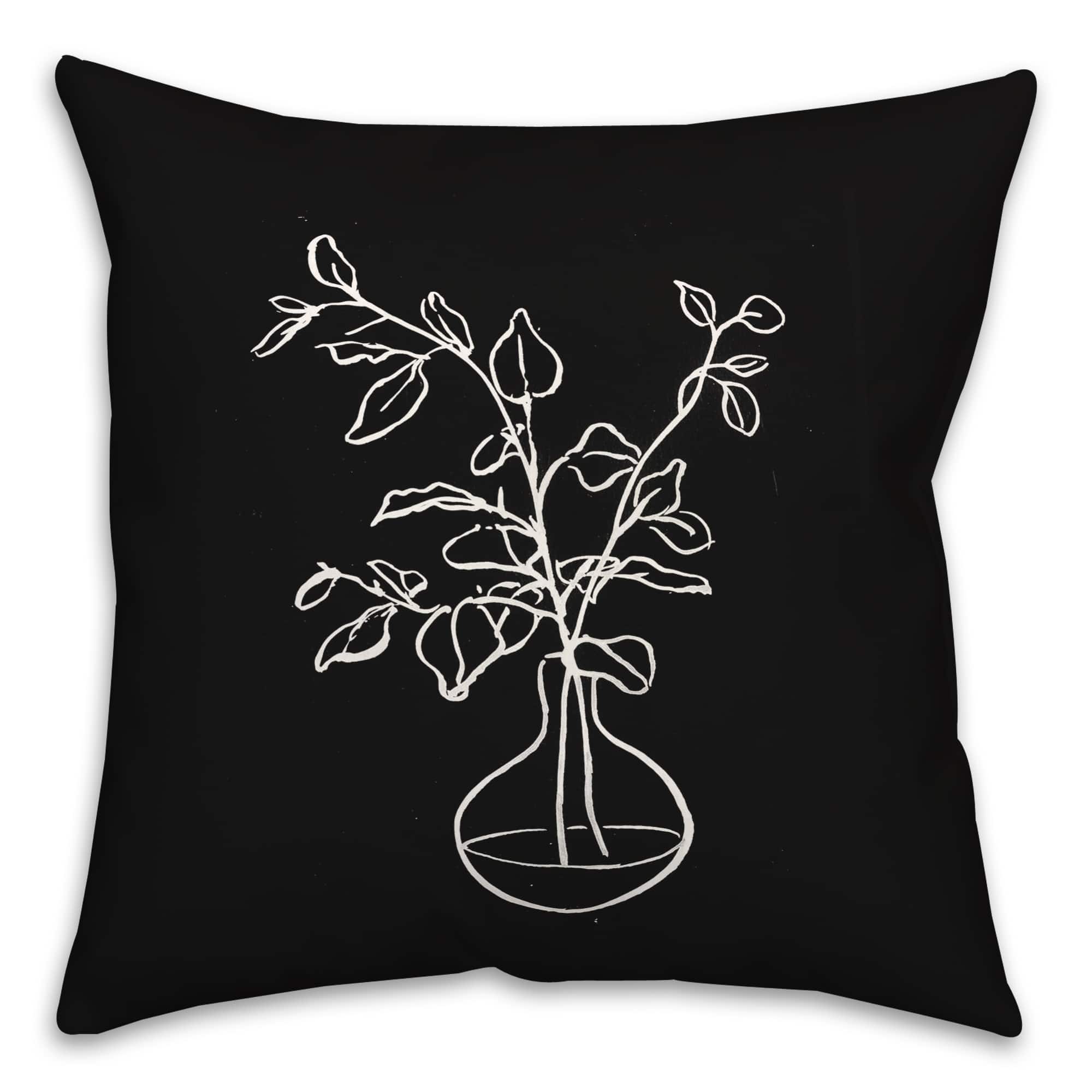 Black &#x26; White Line Floral Indoor/Outdoor Pillow