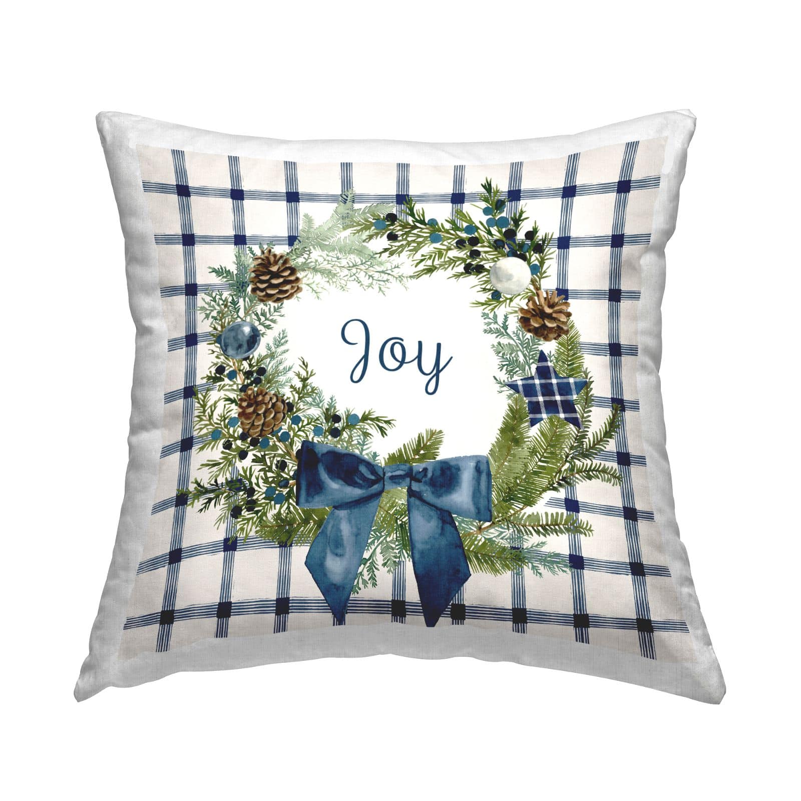 Stupell Industries Holiday Tartan Joy Phrase Pinecone Wreath Throw Pillow