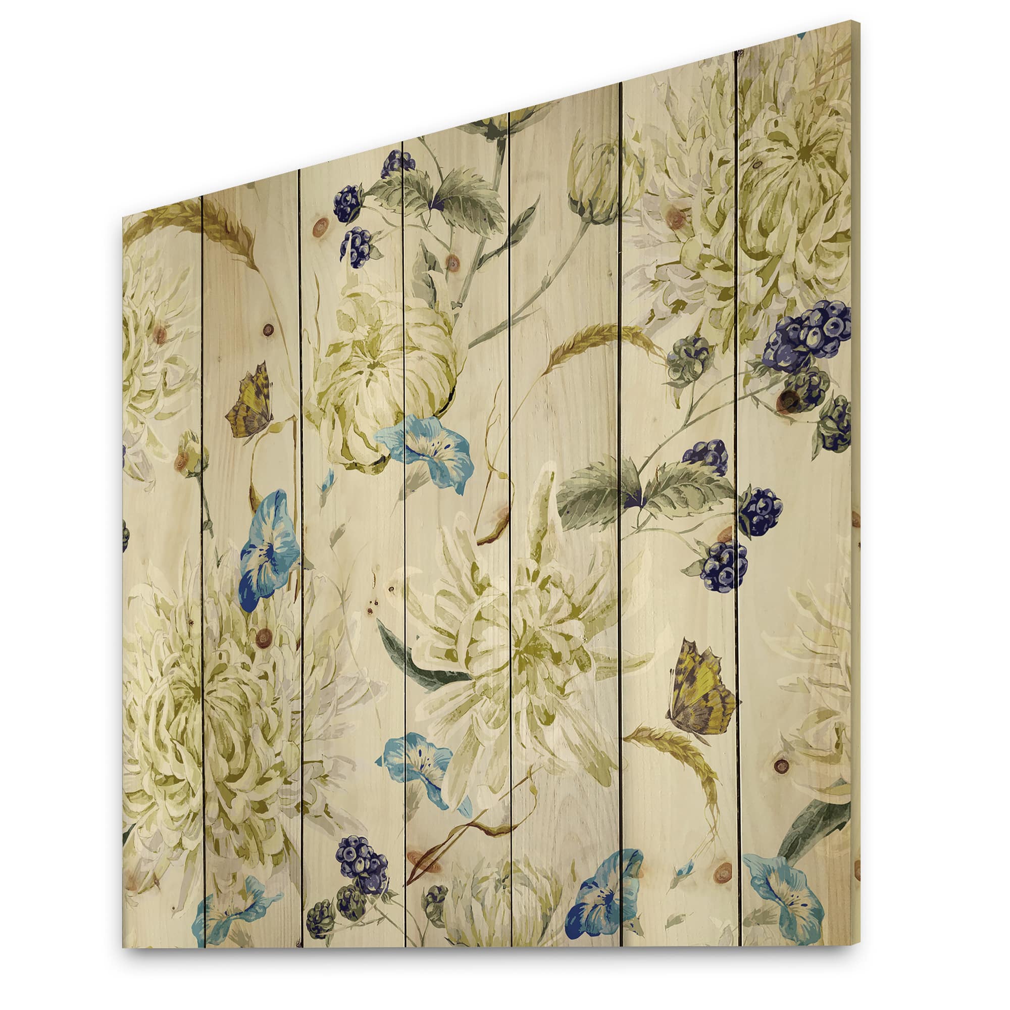 Designart - Vintage Yellow Chrysanthemus II - Traditional Print on Natural Pine Wood