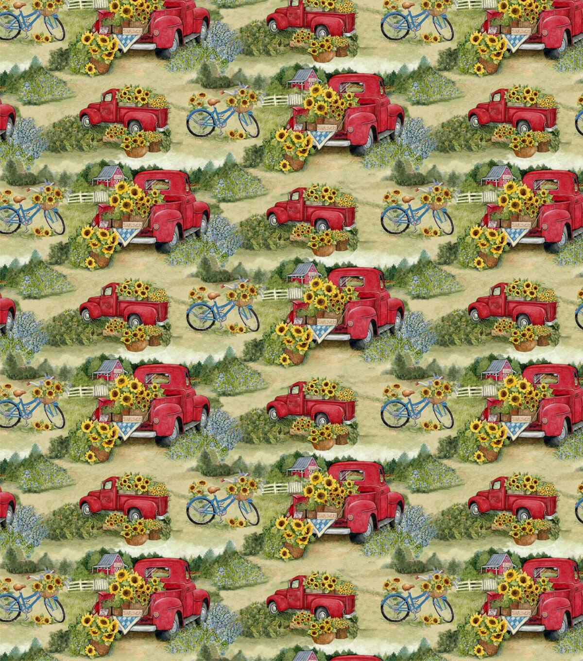 Susan Winget Red Truck &#x26; Bicycles Cotton Fabric