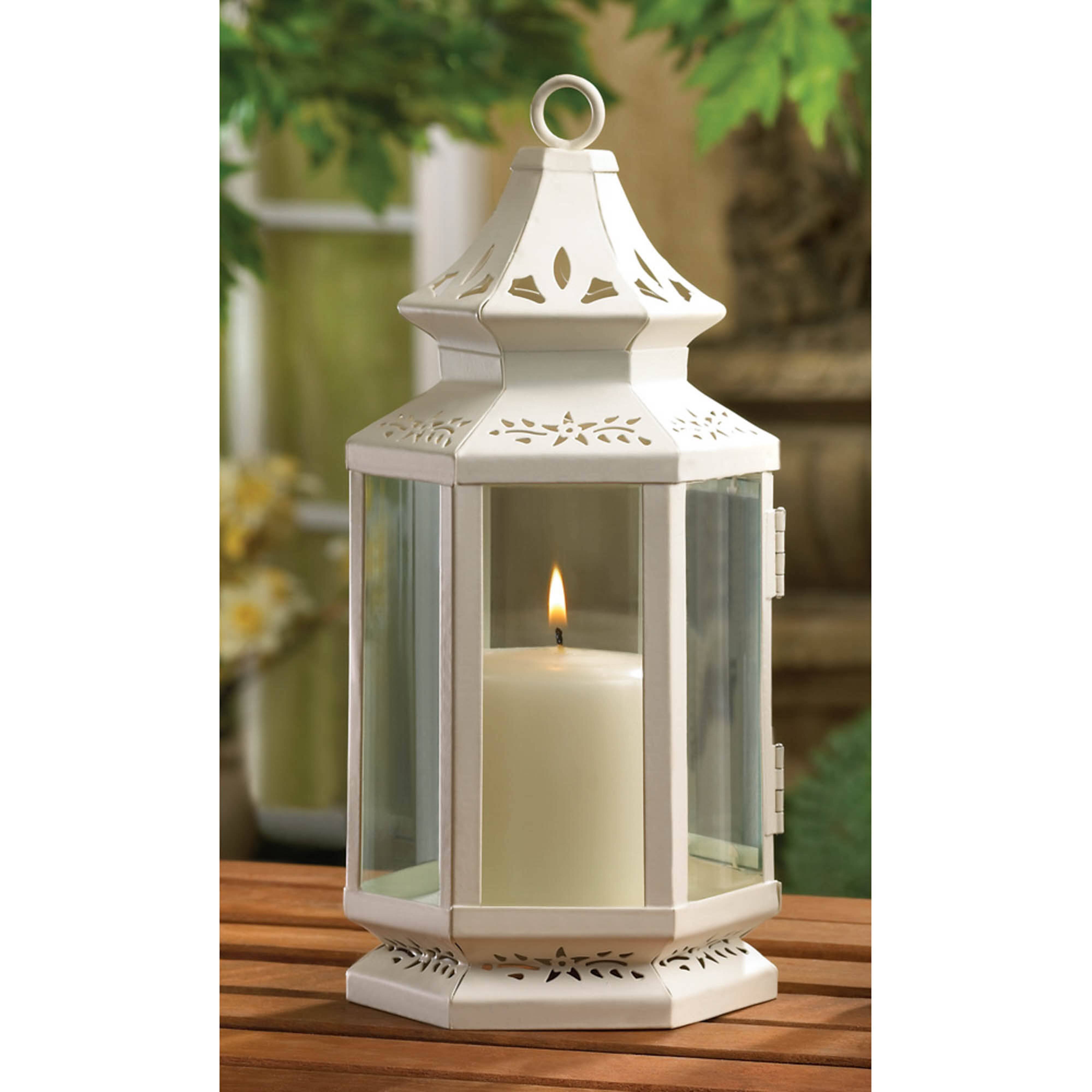 10.5&#x22; White Metal Victorian Lantern with Floral Cutouts