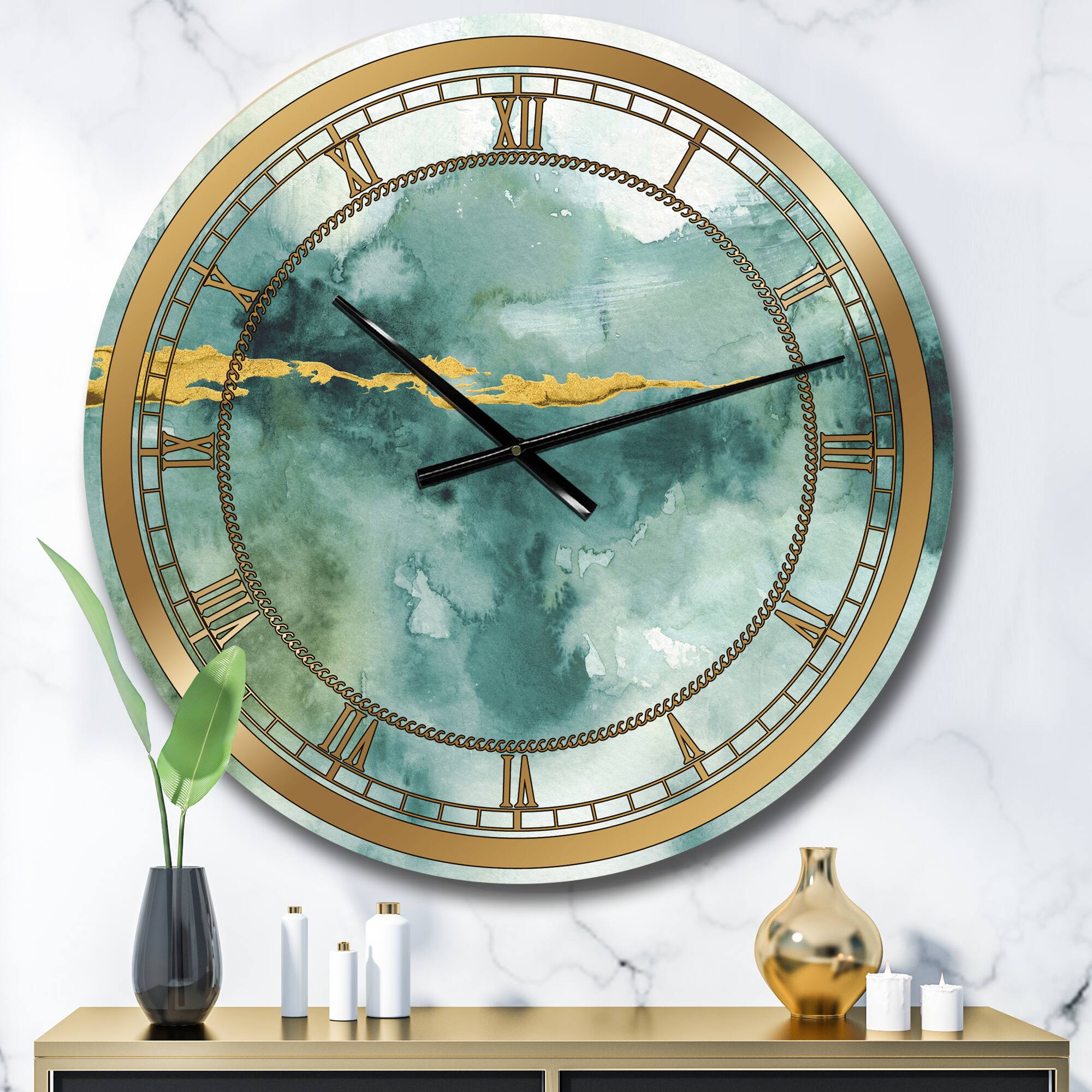 Designart Blue Watercolor Impression With Gold Wall Clock