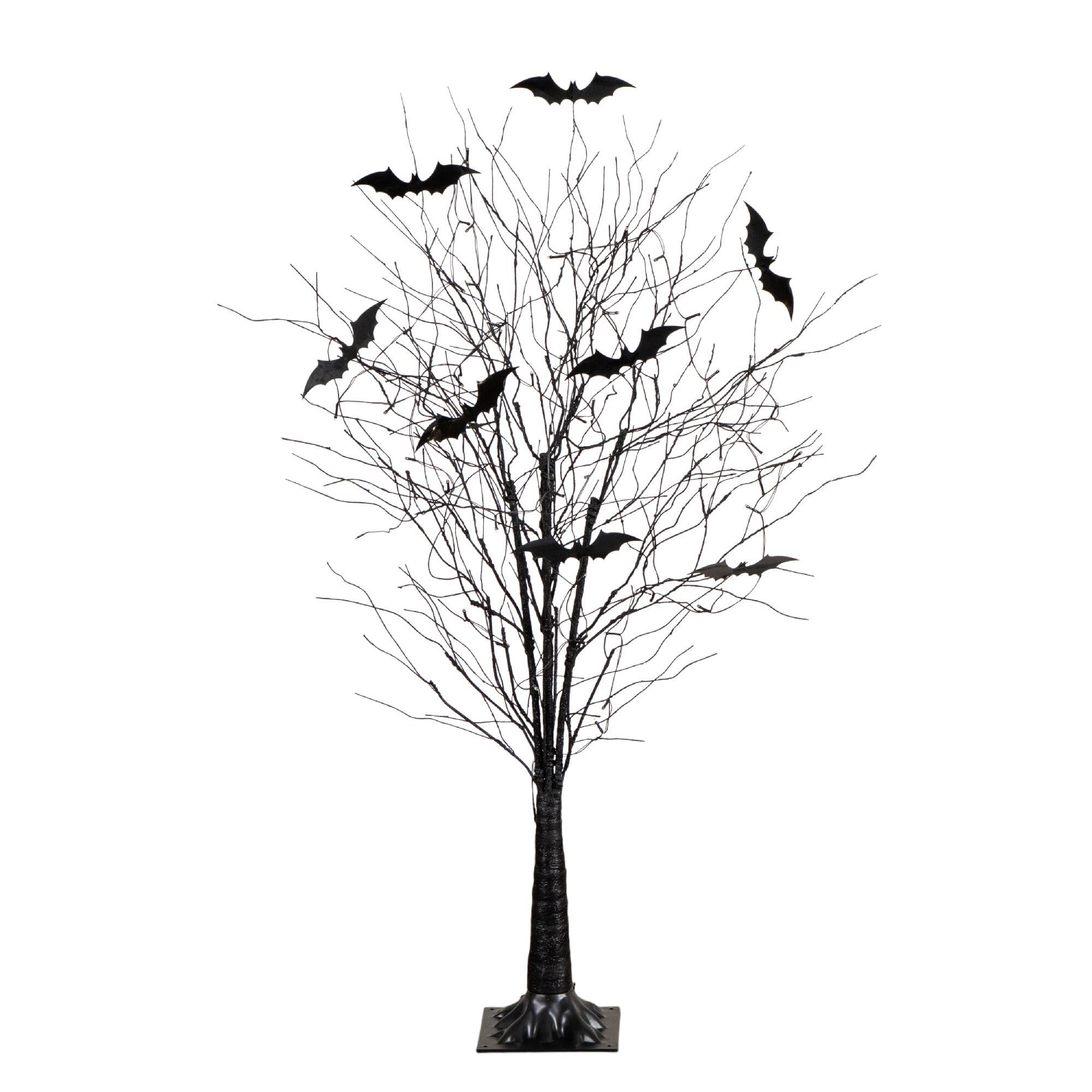 5ft. Pre-Lit Artificial Halloween Black Twig Tree with Bats and 50 Warm White LED Lights