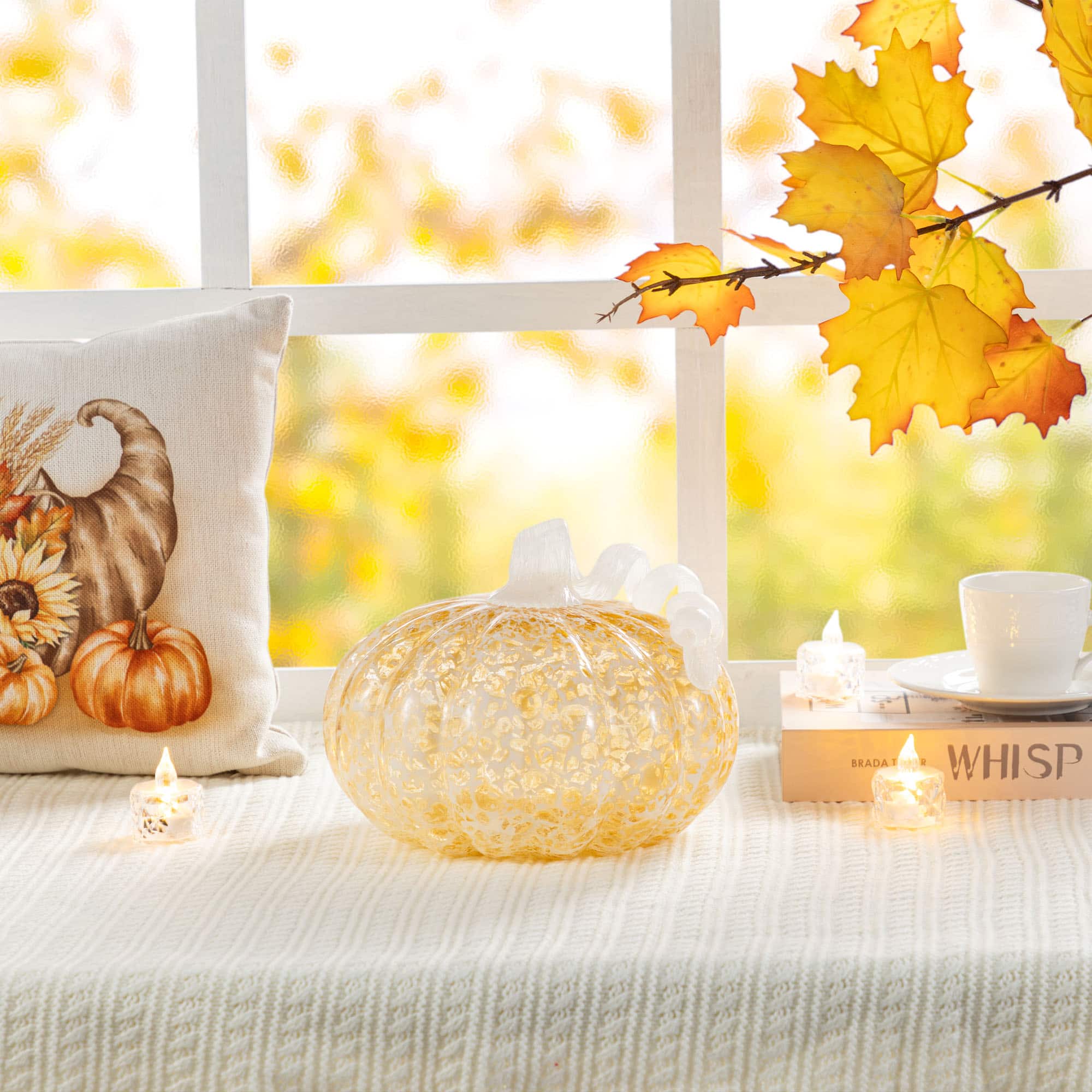 Glitzhome&#xAE; Amber Dots Fall Pumpkin Glass Tabletop Accent
