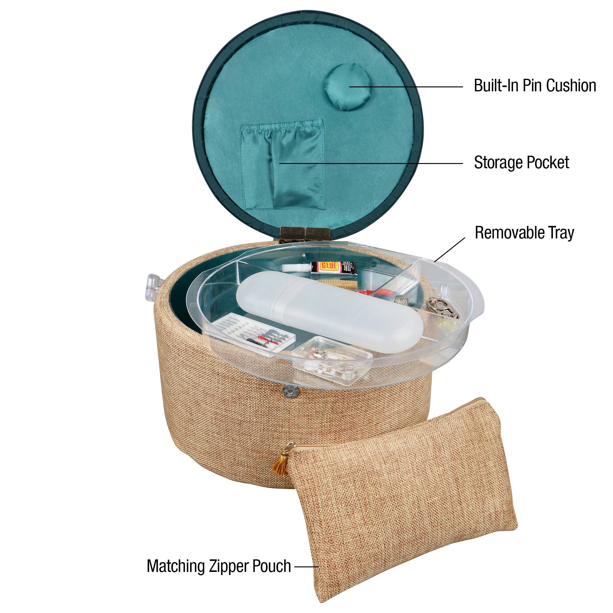 SINGER® Large Burlap Fabric Premium Round Sewing Basket with Travel Sewing Kit