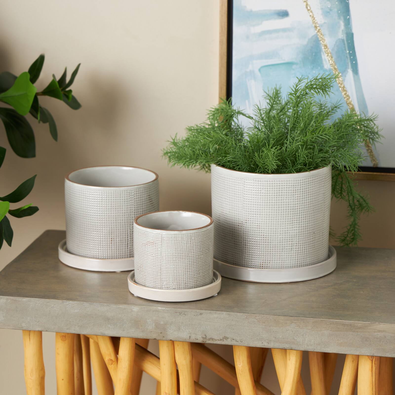 White Geometric Grid Patterned Ceramic Planter Set
