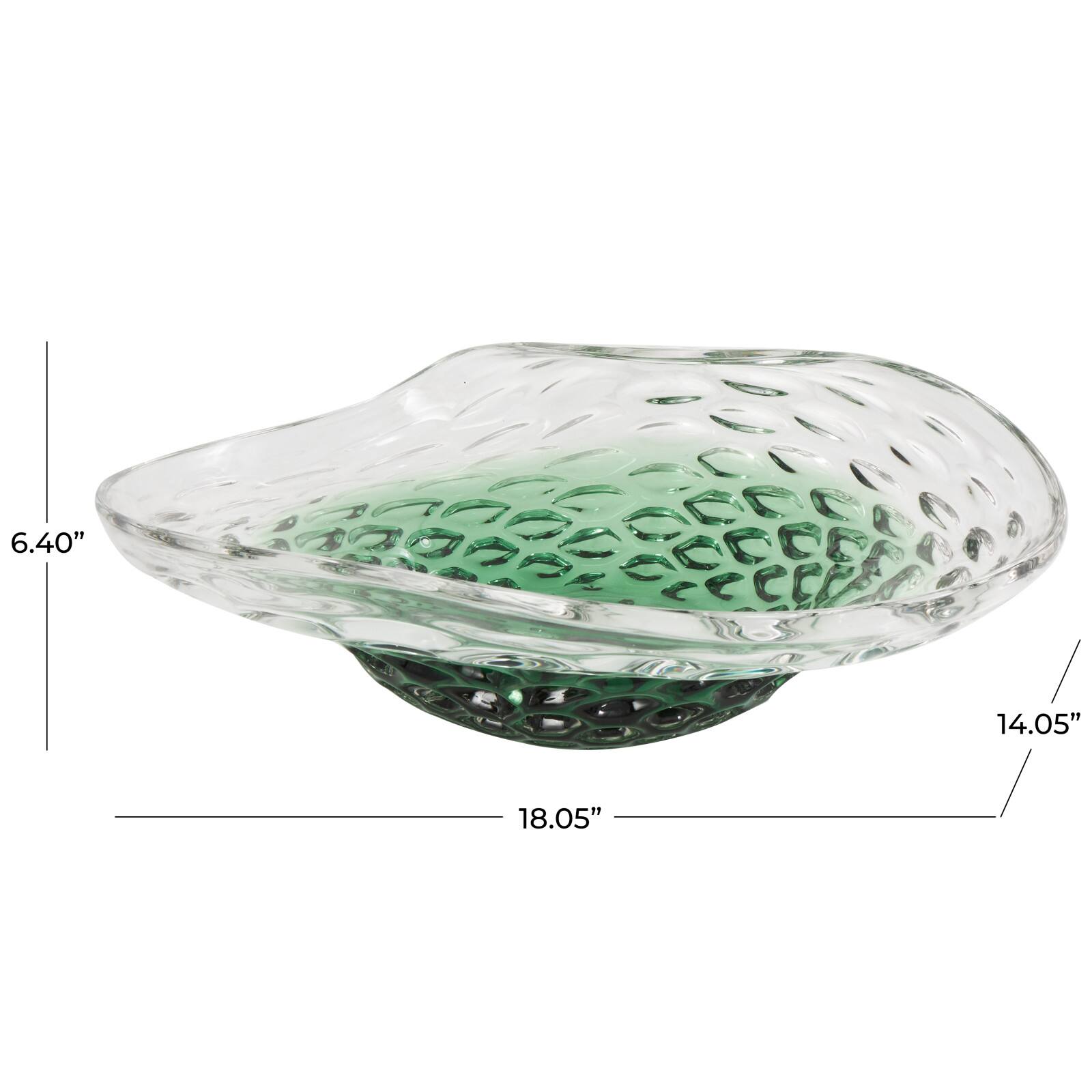 18" Handmade Green Ombre Abstract Wavy Glass Bowl with Bubble Texturing