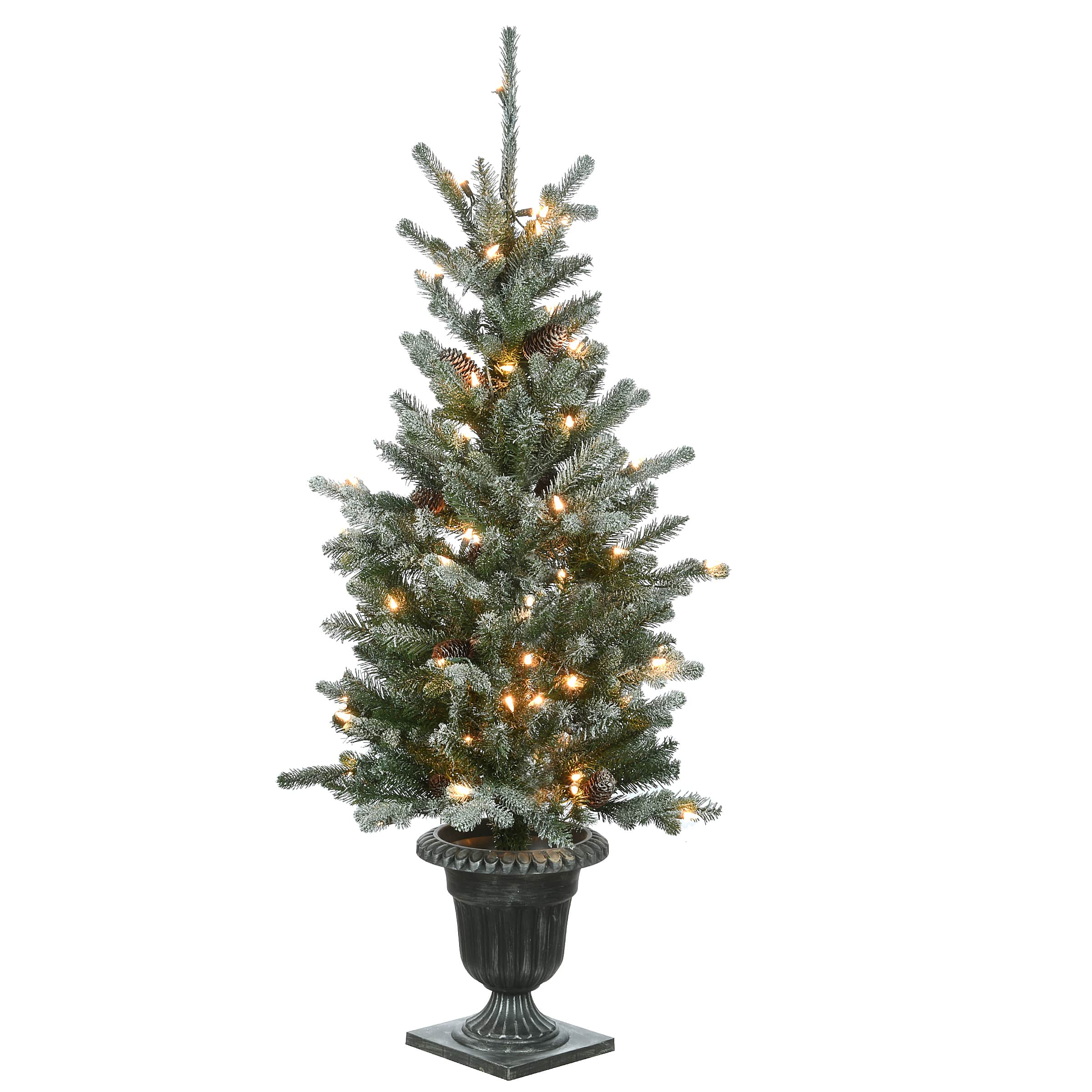 4ft. Pre-Lit Feel Real® Snowy Morgan Spruce Artificial Christmas Tree in Ornate Urn Planter, Twinkly™ Color Changing LED Lights