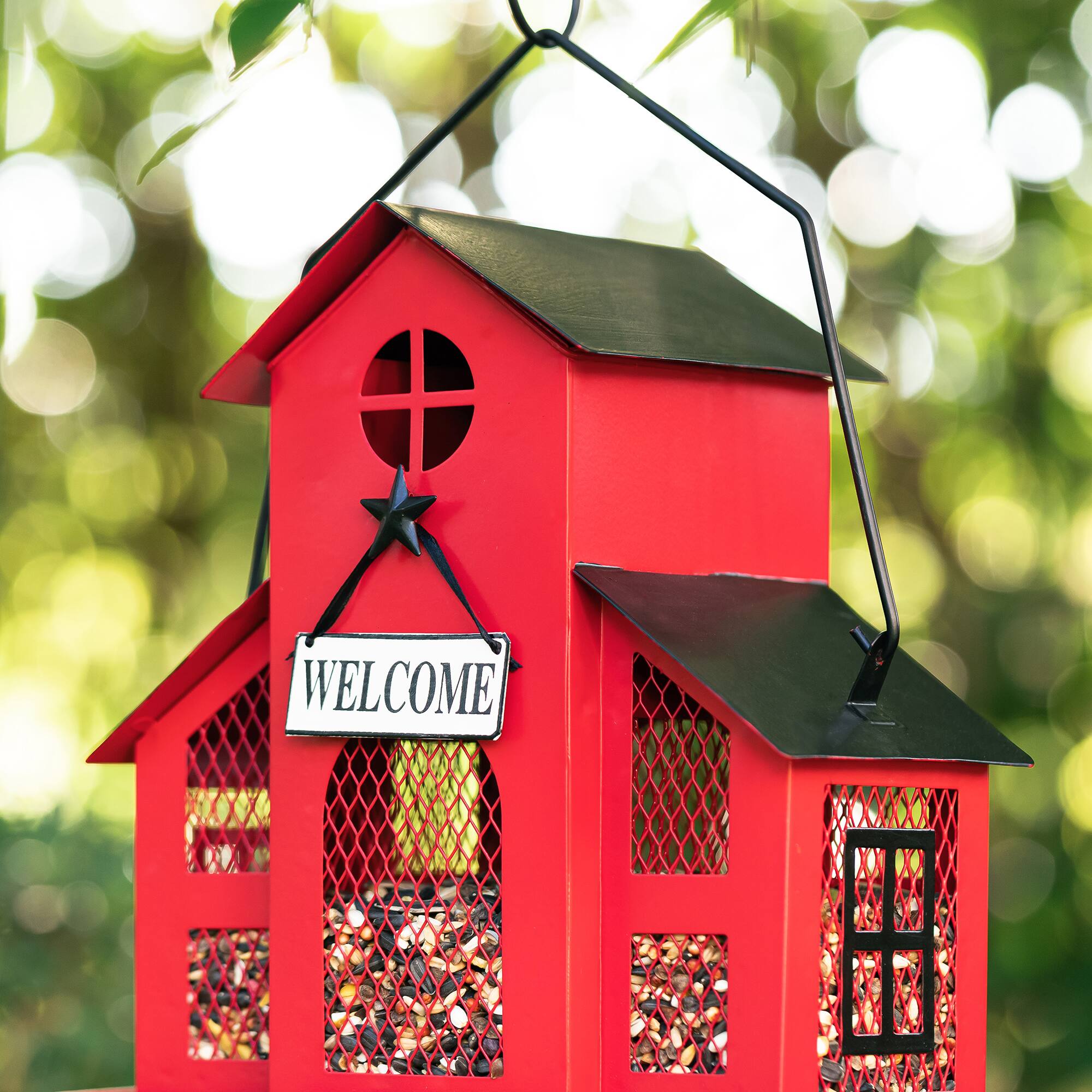 Glitzhome&#xAE; 12&#x22; Red Metal Barn Hanging Bird Feeder