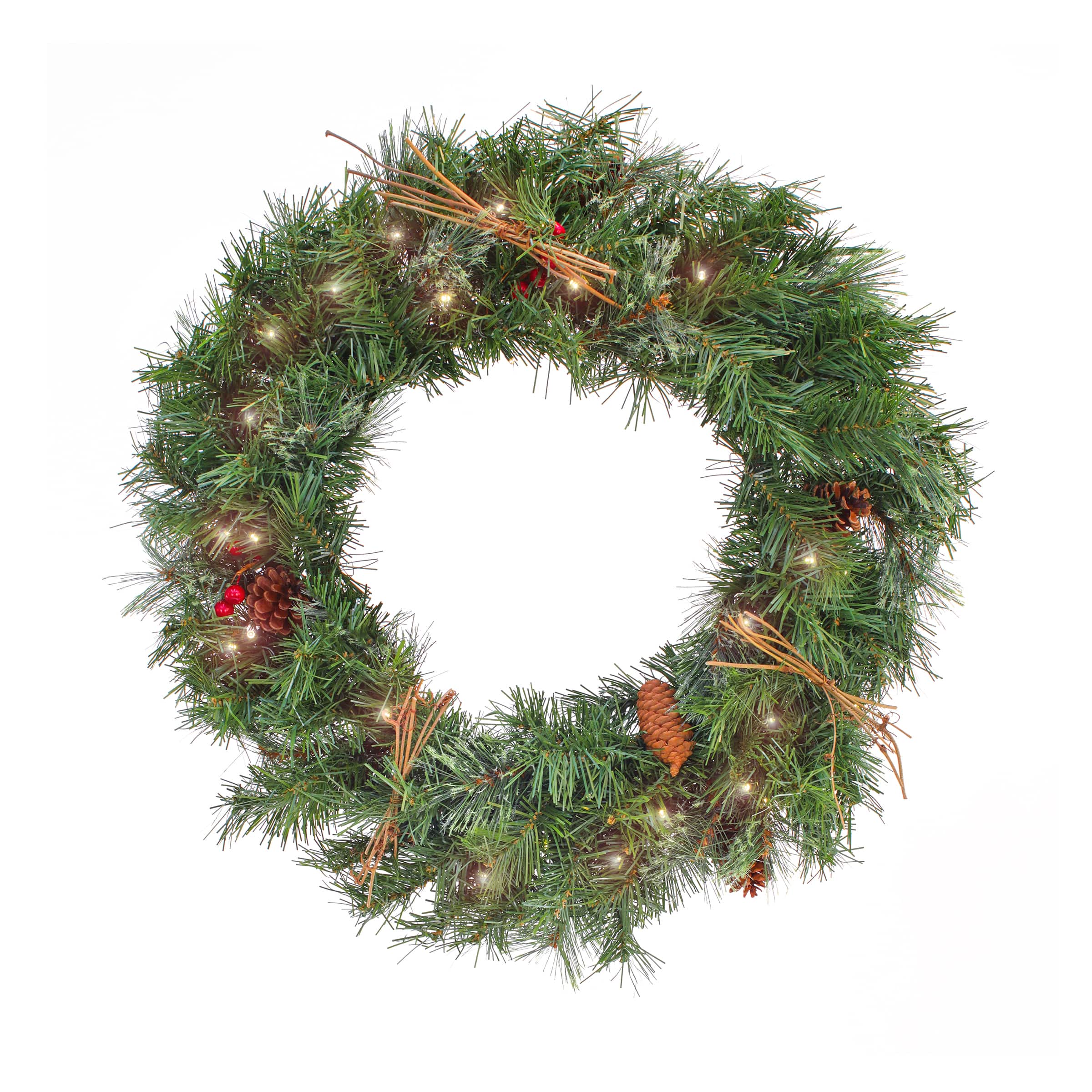24" Pre-Lit Glistening Pine Wreath with Pinecones, Berries & Twigs, Warm White LED Lights