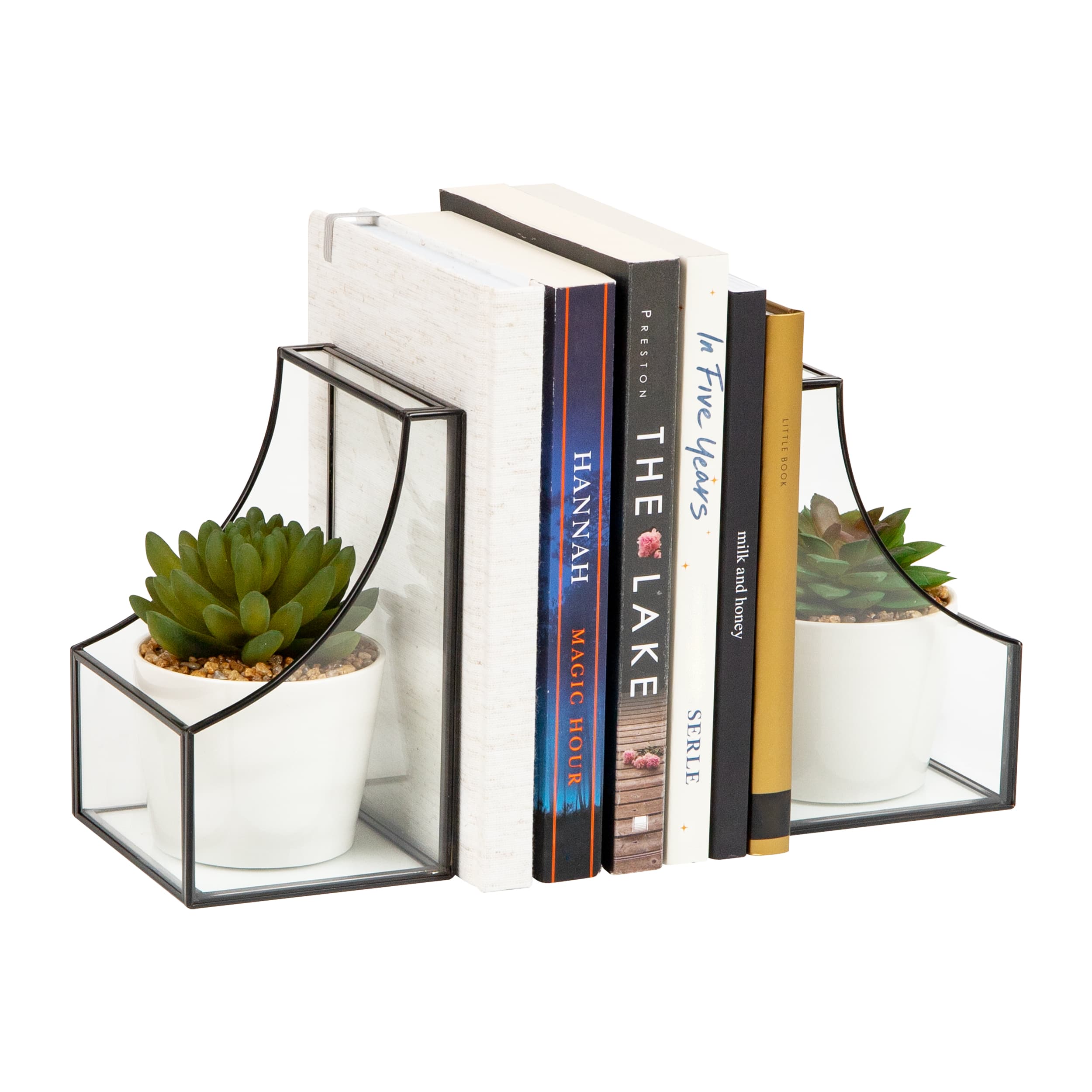Mind Reader Terrarium Bookends, Decorative Book Holders with Storage, Modern Organizer for Desk or Shelf, Glass, Metal, Set of 2, Black