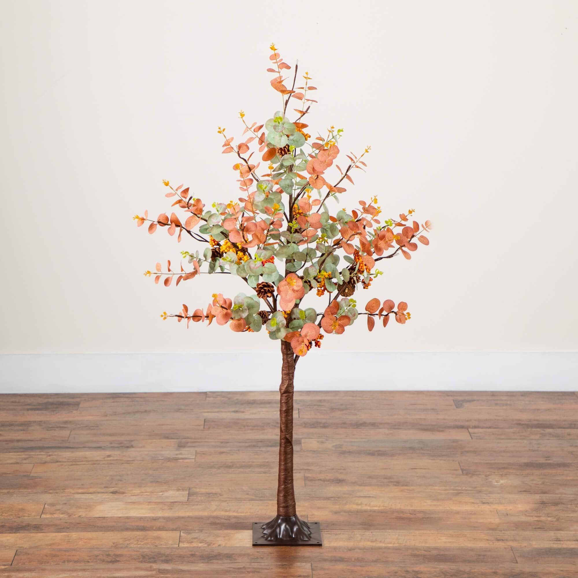 4ft. Pre-Lit Autumn Eucalyptus Artificial Fall Tree with Pinecones, Berries and 60 Warm White LED Lights
