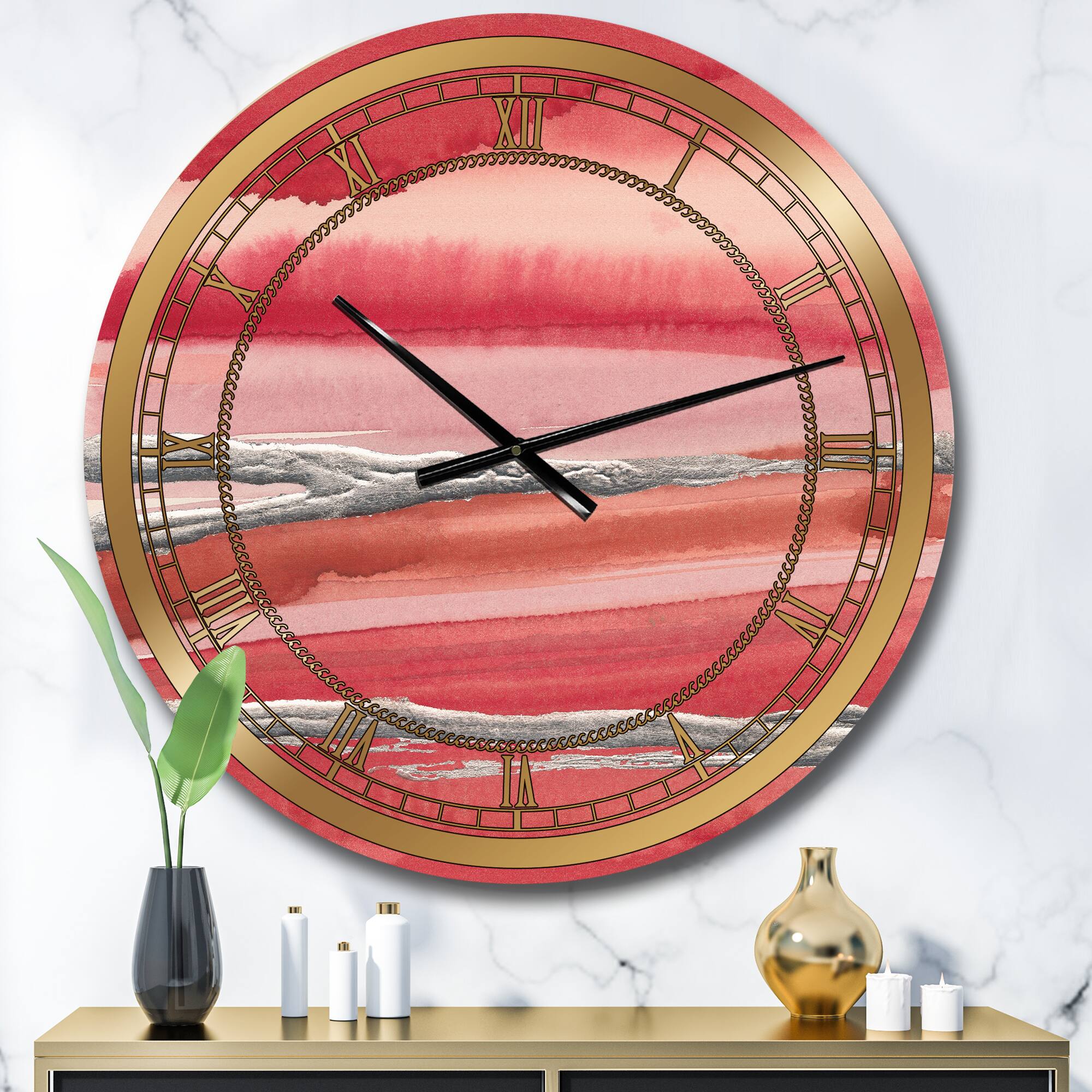Designart 'Metallic Glam On Red Glam Wall Clock