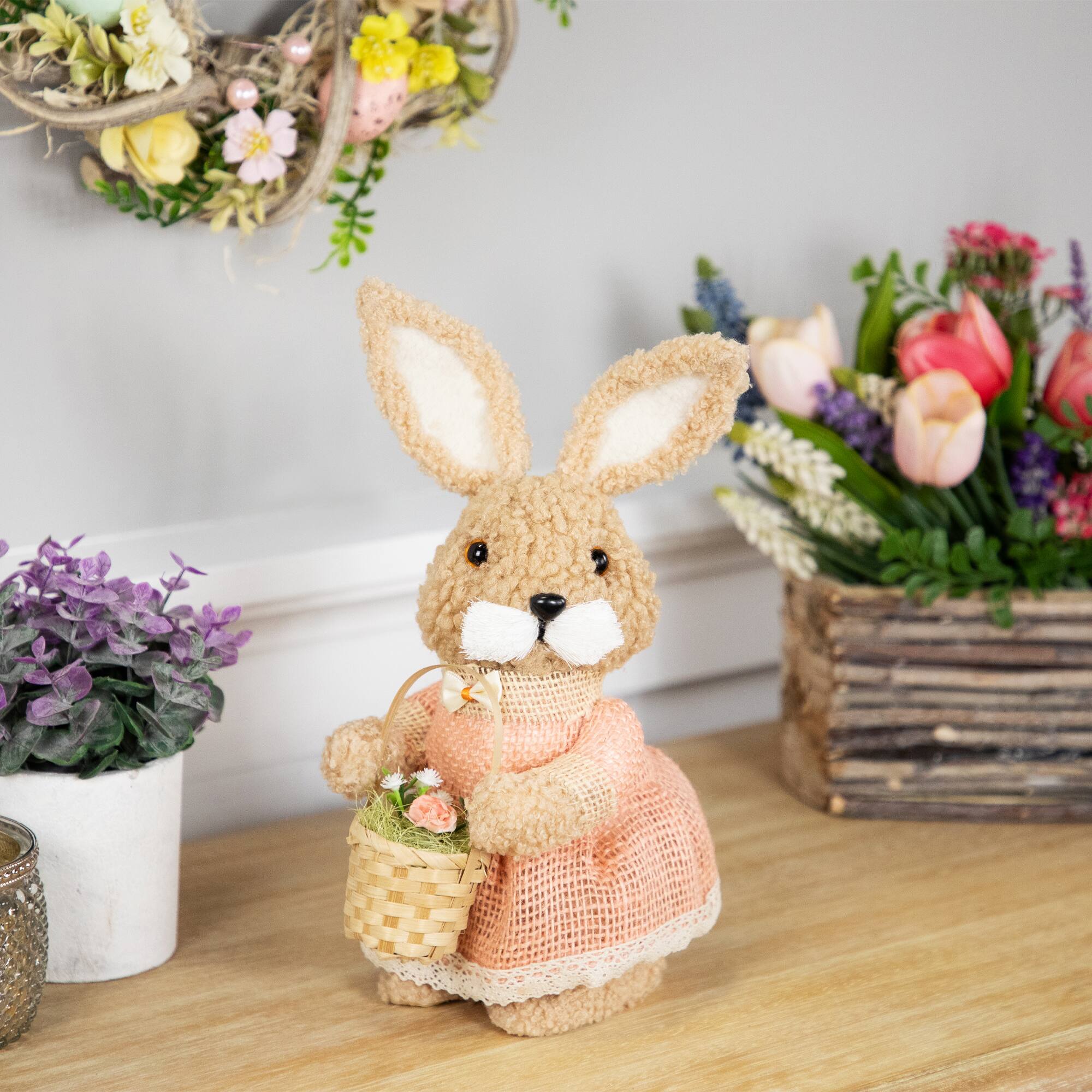 10&#x22; Plush Girl Easter Rabbit Figurine with Basket