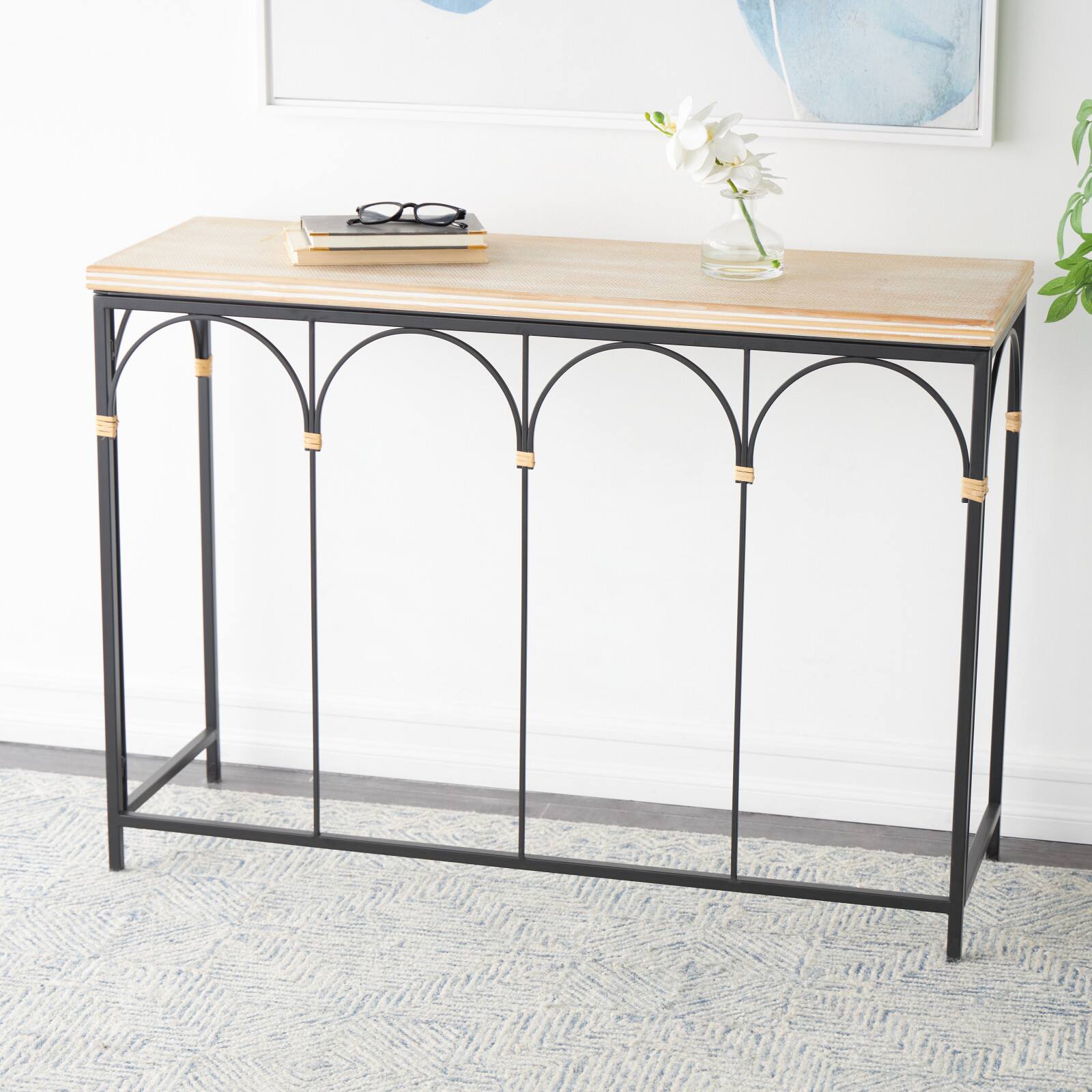 42.5&#x22; Black Arched Console Table with Zig Zag Patterned Top and Rattan Accents