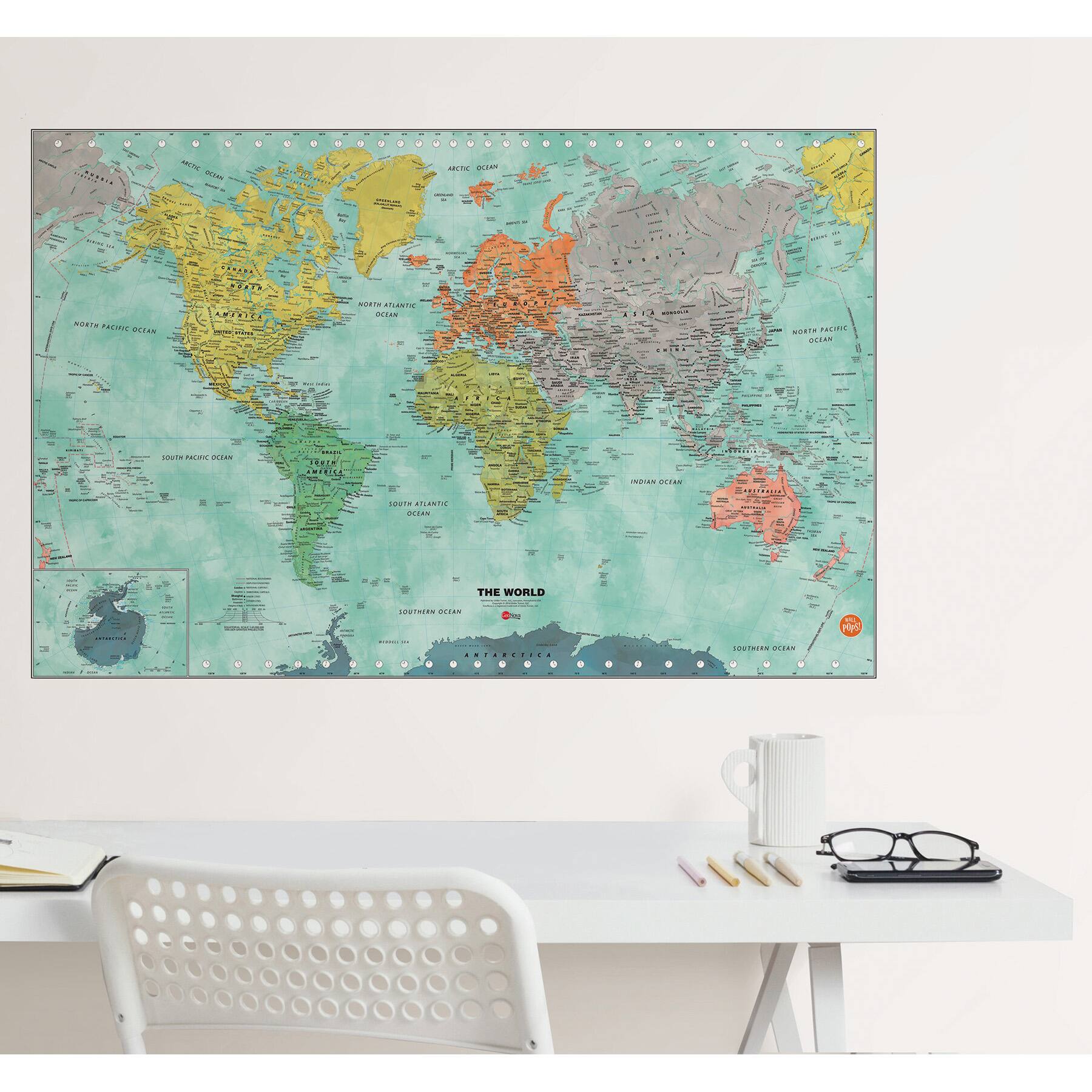 WallPops Aquarelle Dry Erase World Map