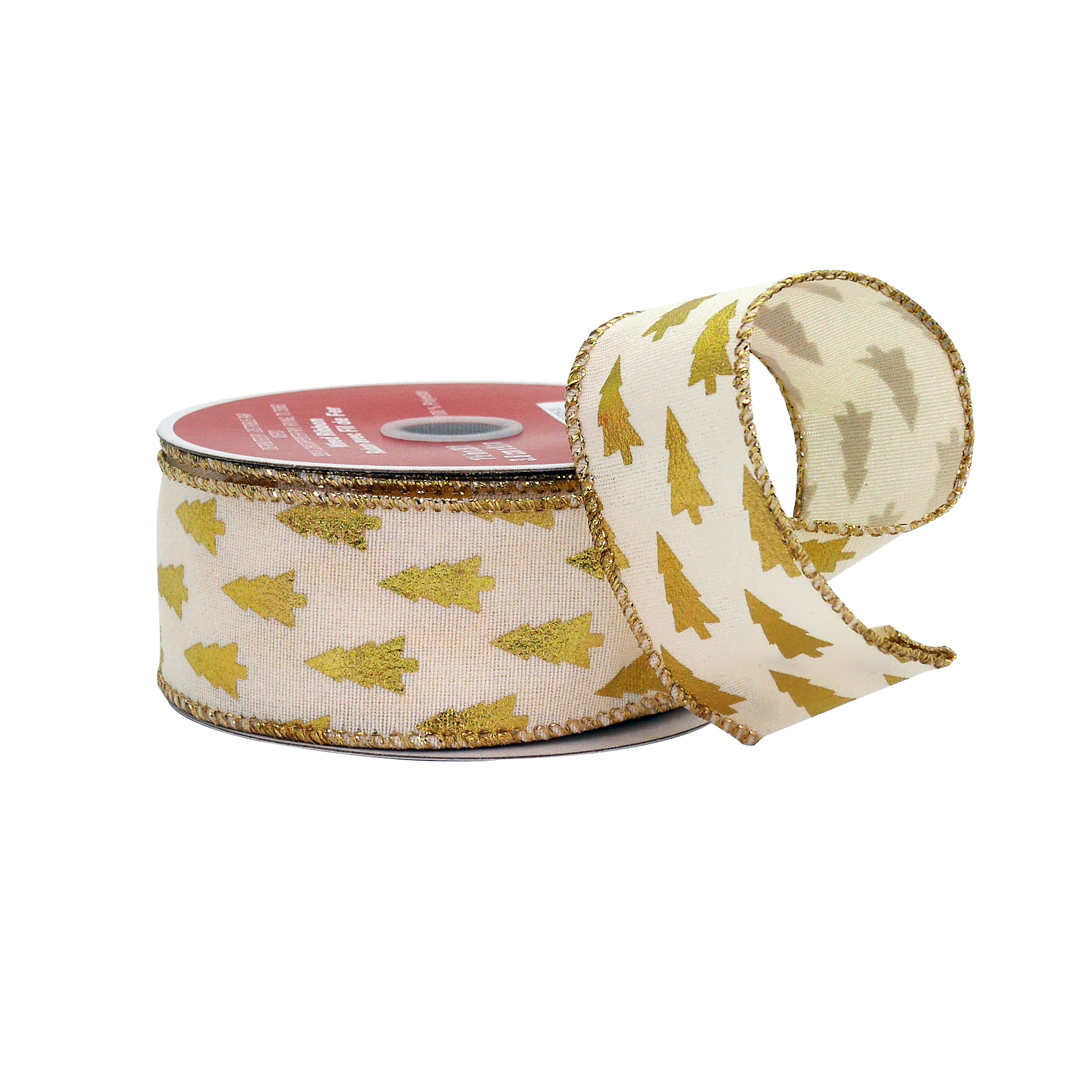 1.5" x 30ft. Gold Foil Trees Wired Faux Linen Ribbon by Celebrate It®