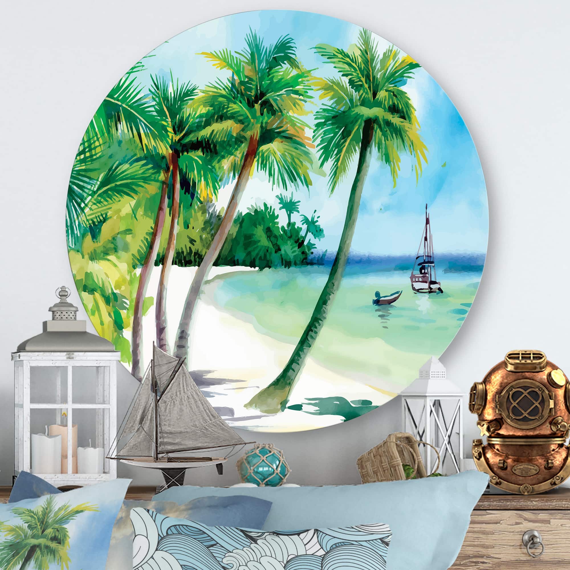 Designart - Summer Beach With Palm Trees - Nautical &#x26; Coastal Metal Circle Wall Art