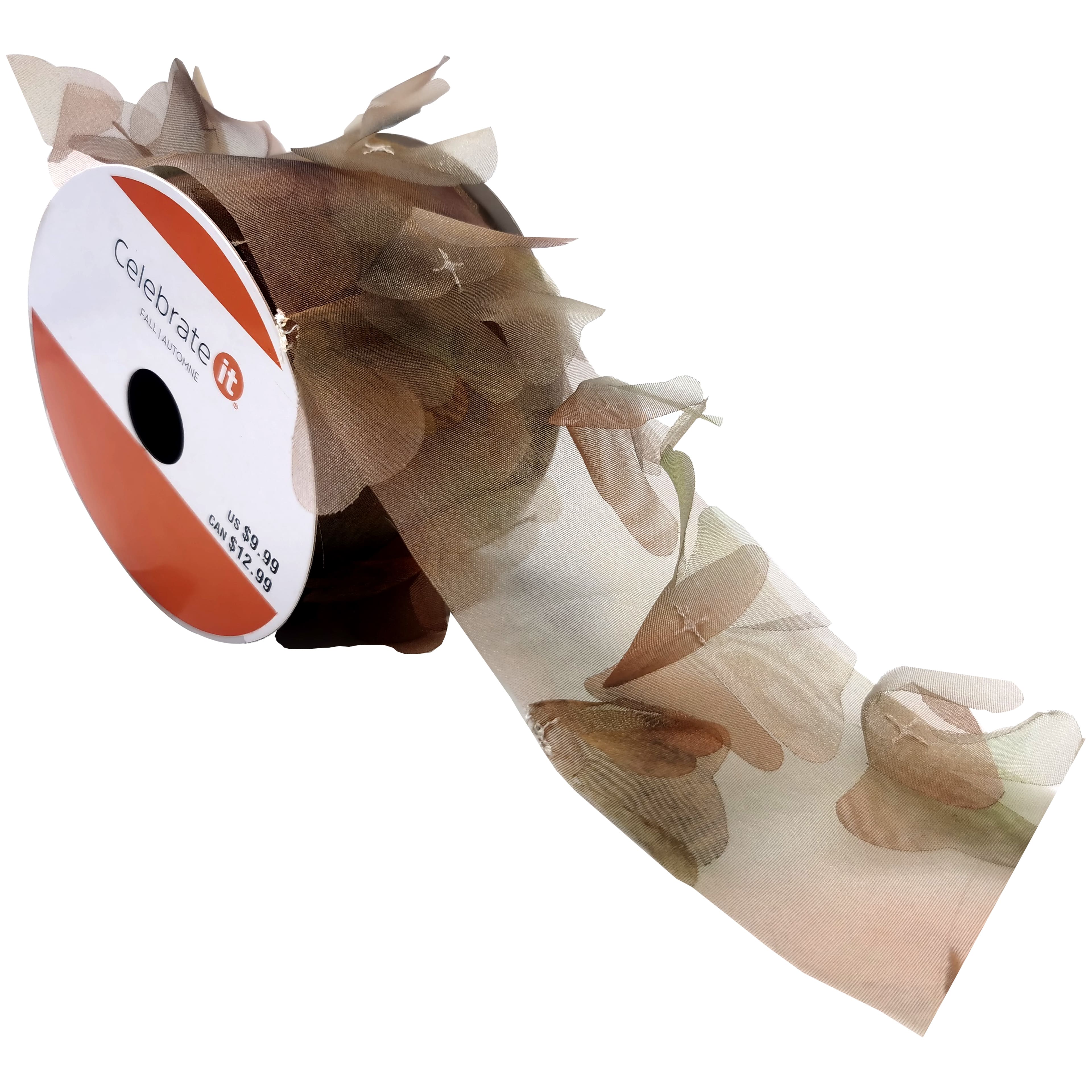 2.5&#x22; x 6ft. Brown Organza Ribbon with Sewn-On Leaves by Celebrate It&#xAE;