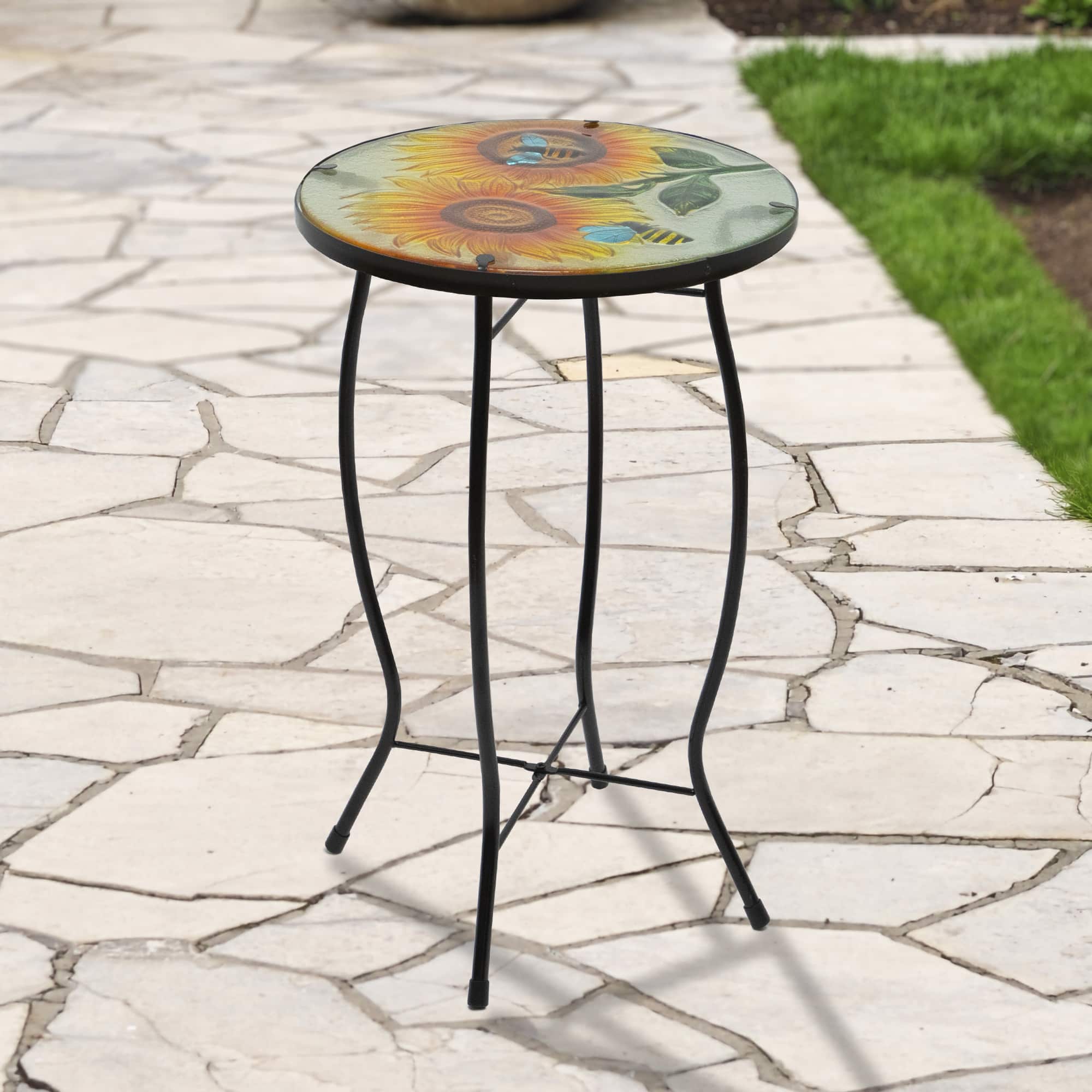 19" Sunflower & Bumblebee Glass Patio Side Table
