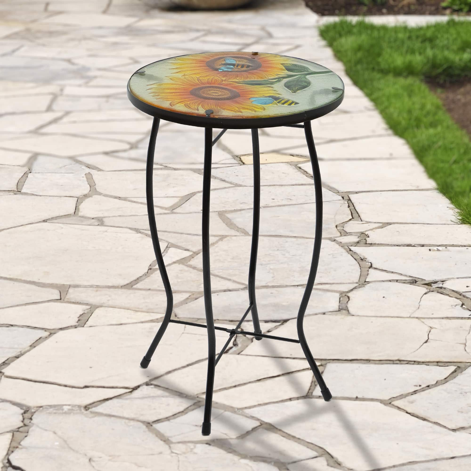 19&#x22; Sunflower &#x26; Bumblebee Glass Patio Side Table