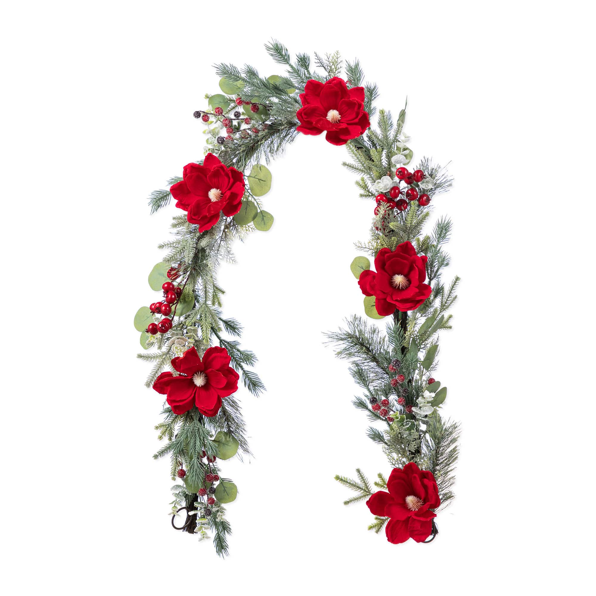 Glitzhome&#xAE; 6FT Christmas Red Mangnolia &#x26; Berry Garland