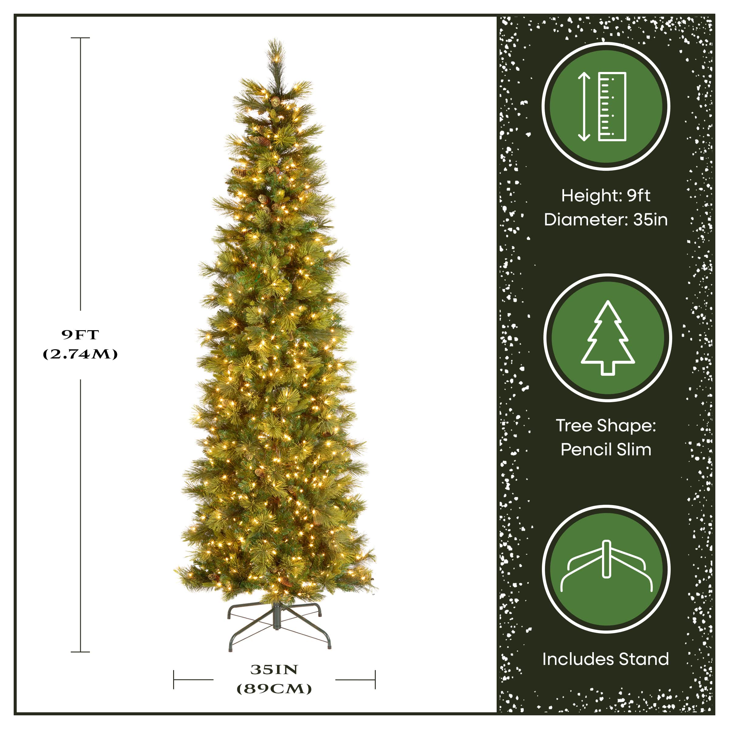 9 ft. Pre-Lit Carolina Pine Slim Artificial Christmas Tree with Flocked Pine Cones, Clear Lights