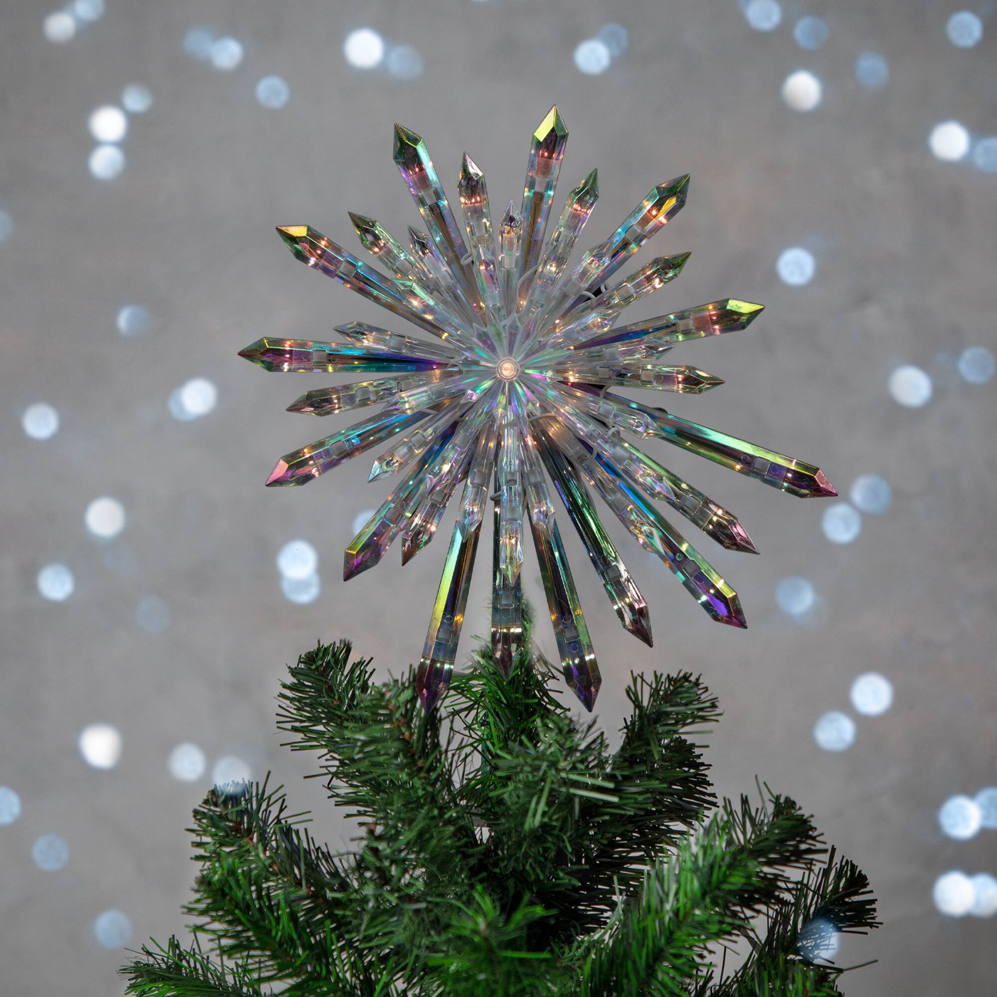 14&#x22; Lighted Iridescent Icicle Christmas Tree Topper, Clear Lights