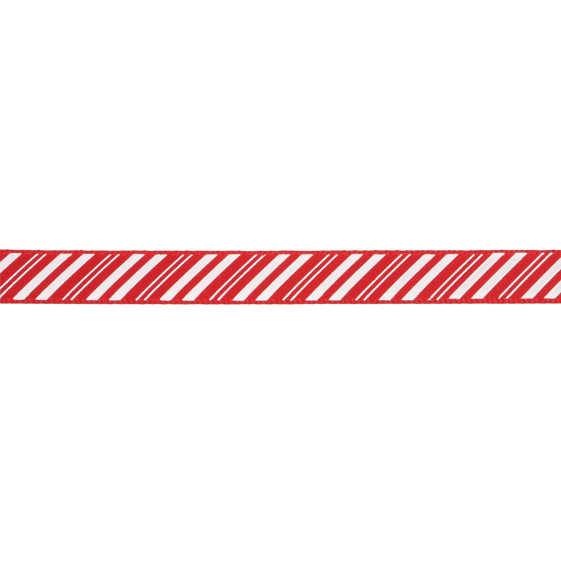 Candy cane stripe ribbon in red and white printed on 7/8 white single face  satin, 10 yards