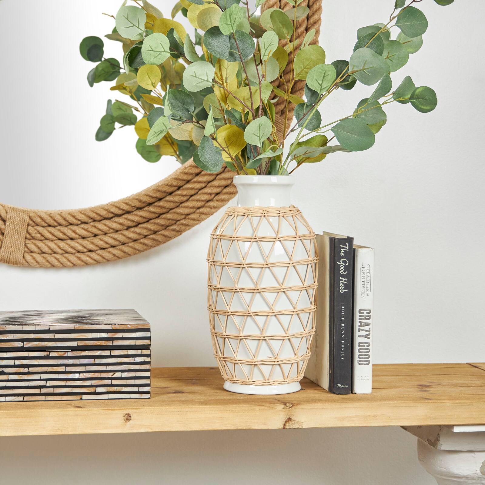 14" White Ceramic Vase with Woven Rattan Exterior