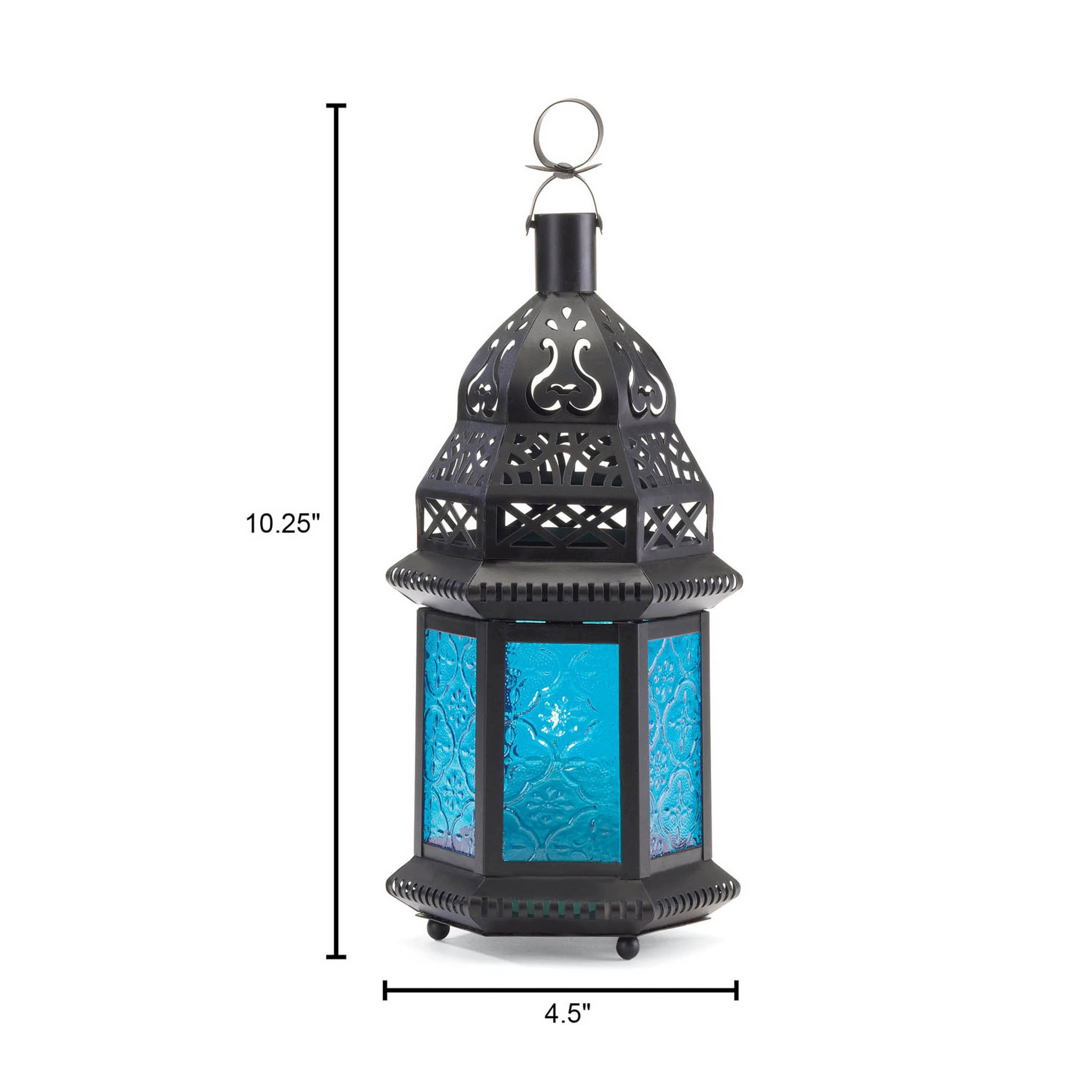 10&#x22; Black Moroccan Style Hanging Candle Lantern with Etched Blue Glass