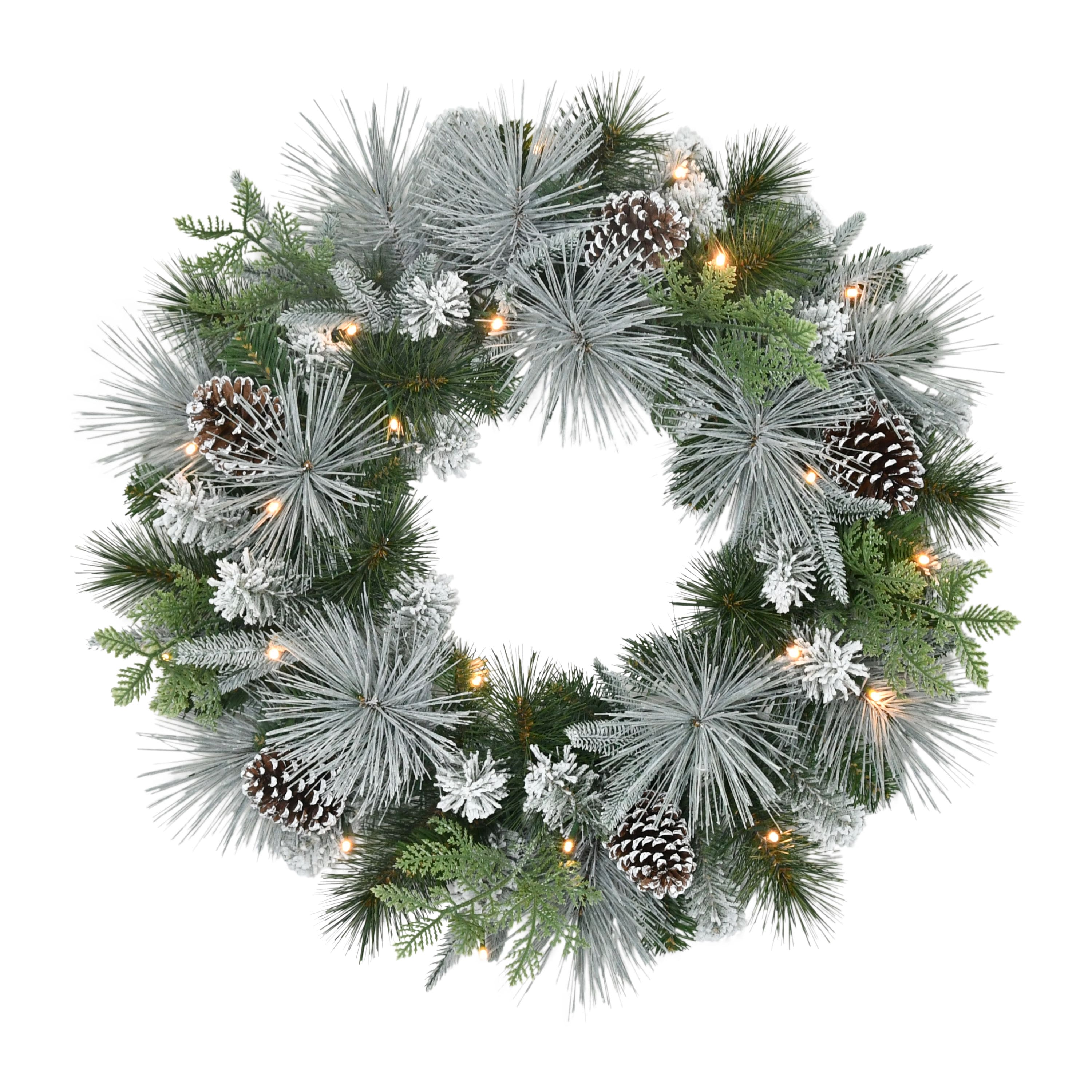 24" Pre-Lit Green Flocked Artificial Wreath with Pinecones