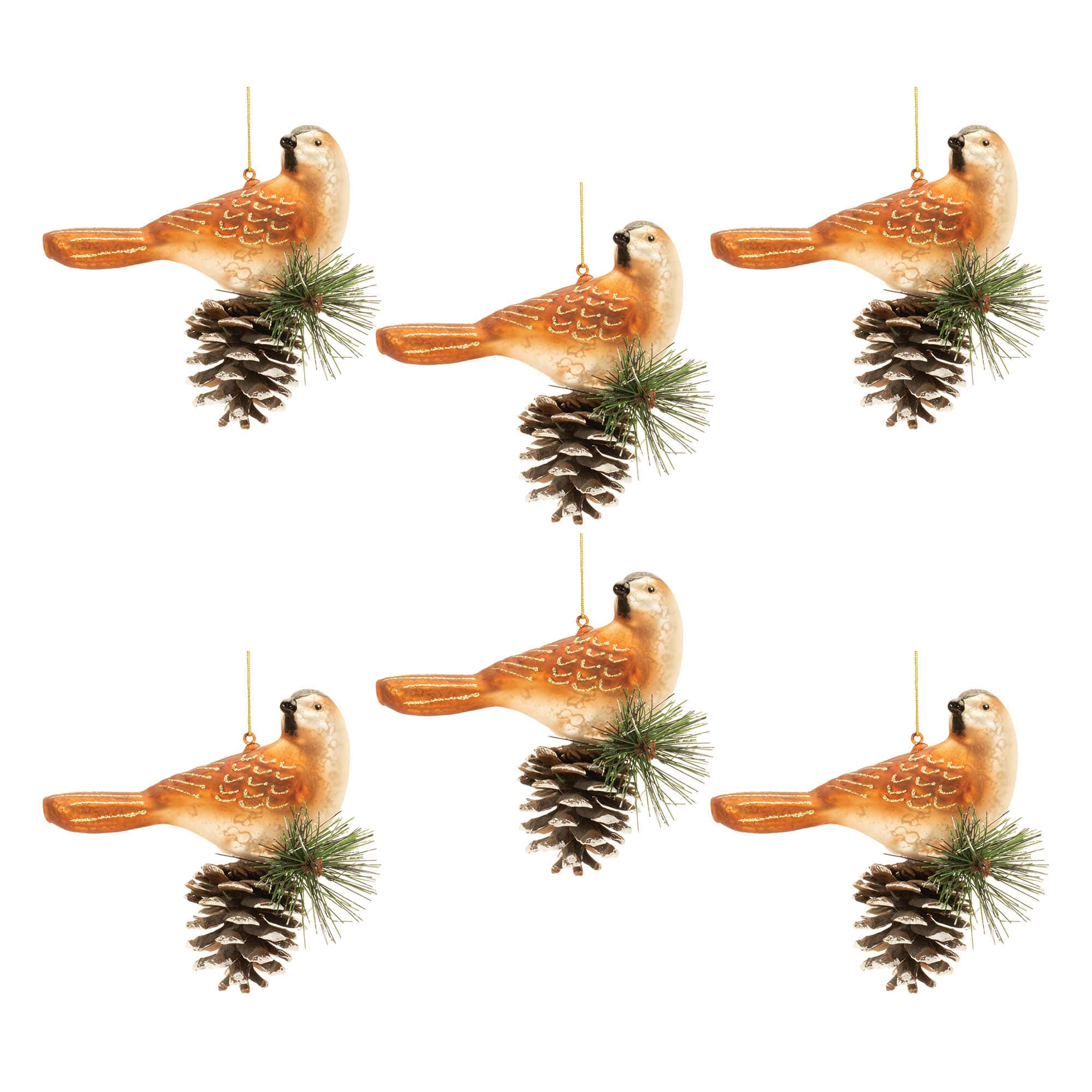 Glass Bird & Pinecone Christmas Ornaments, 6ct