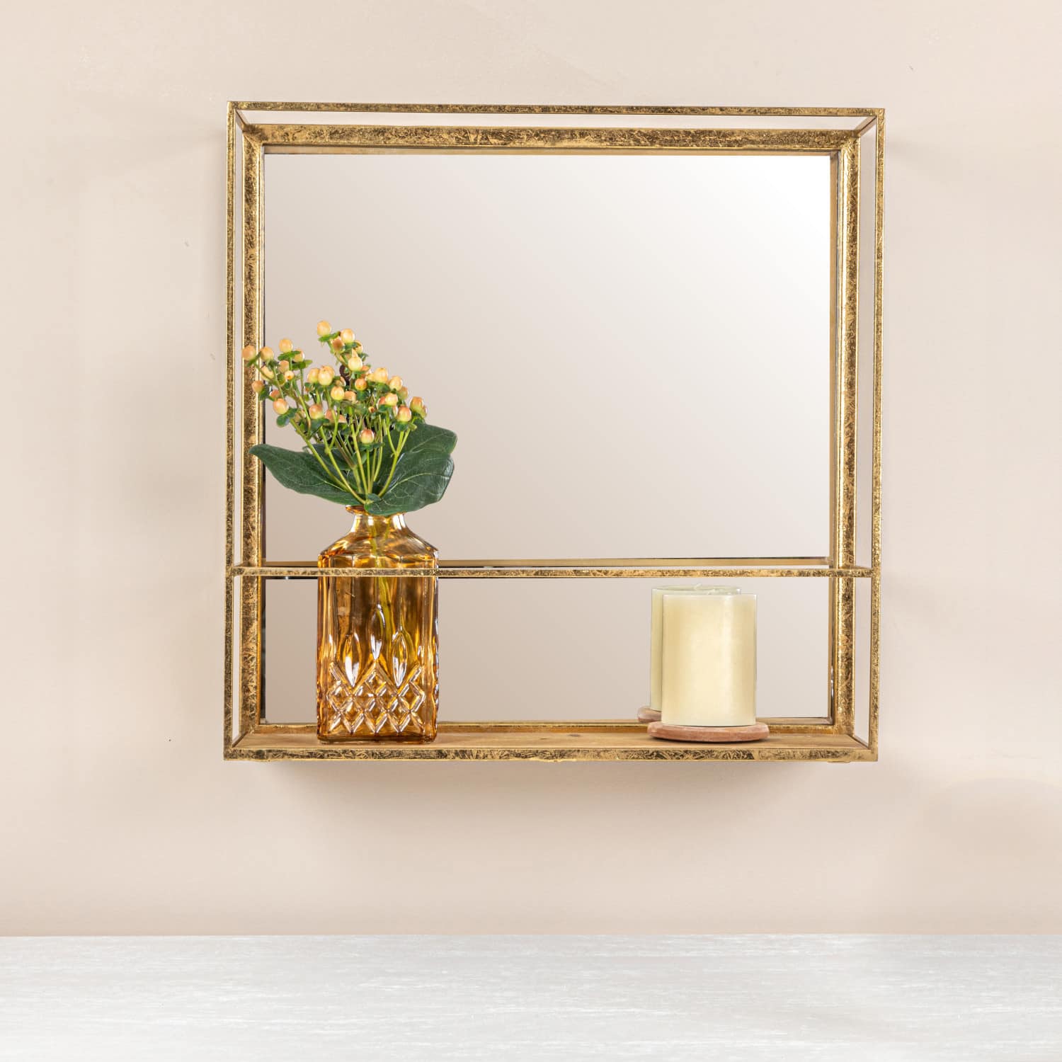 Hello Honey&#xAE; 20&#x22; Gold Metal Wall Mirror with Reclaimed Wood Base
