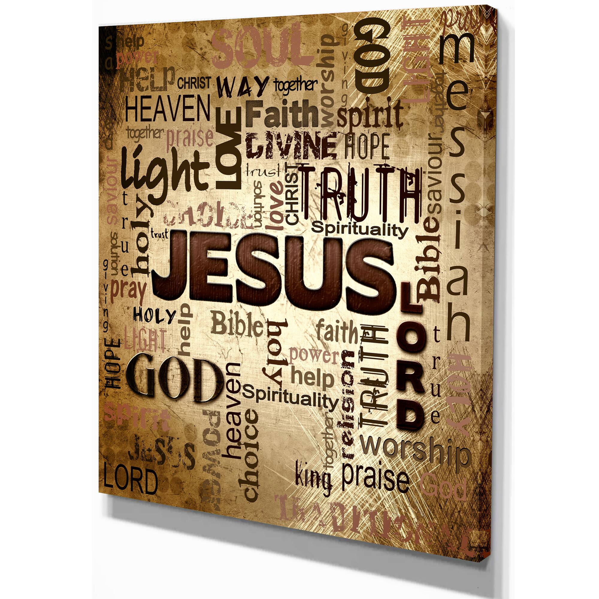 Designart - Jesus' word cloud in grunge background - Religious Contemporary on Wrapped Canvas