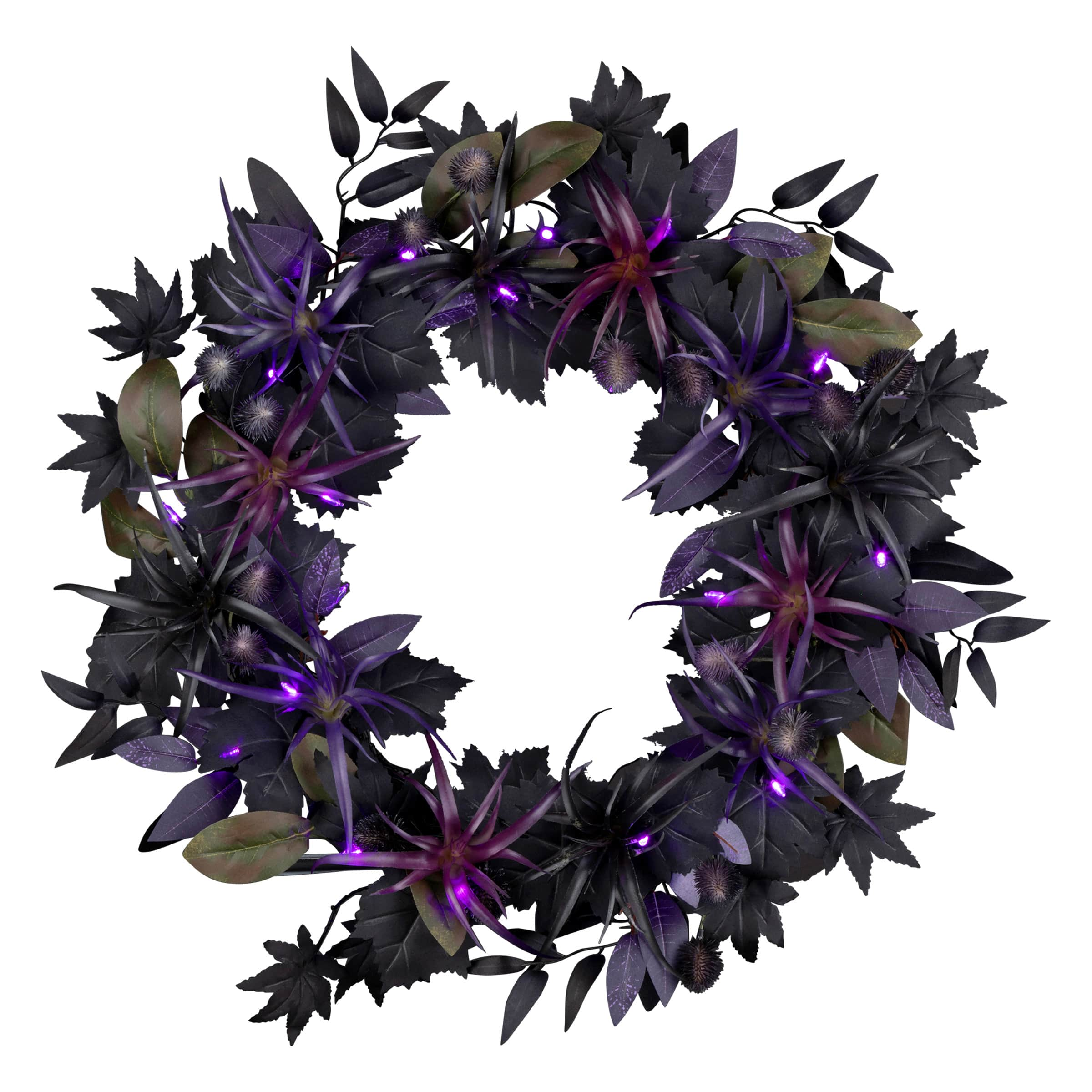 24&#x22; Scare in the Air Purple &#x26; Black Flower Halloween Pre-Lit LED Wreath