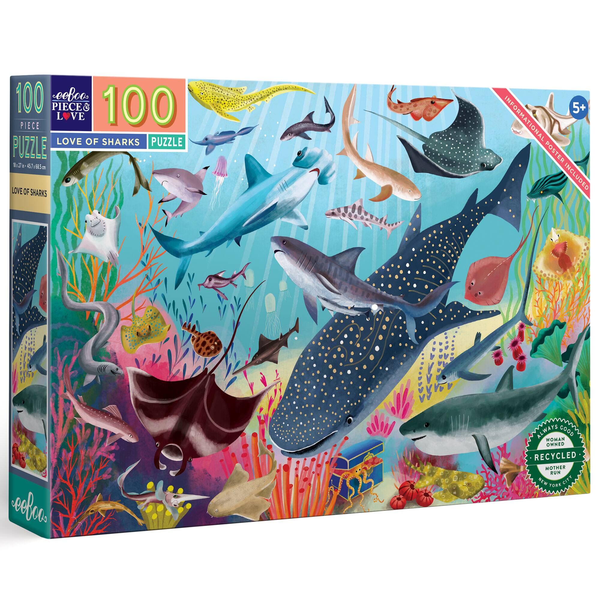 eeBoo Love of Sharks 100 Piece Puzzle with Poster