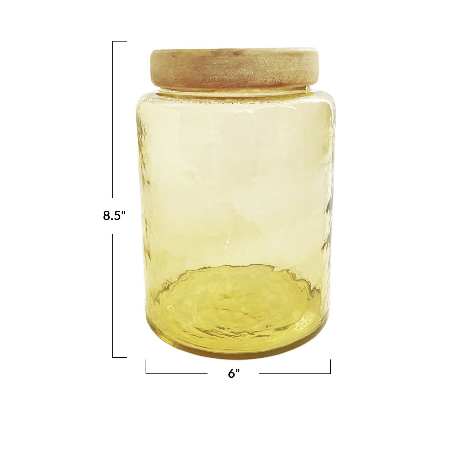 Hello Honey&#xAE; Yellow &#x26; Whitewash Hammered Glass Jar with Mango Wood Lid