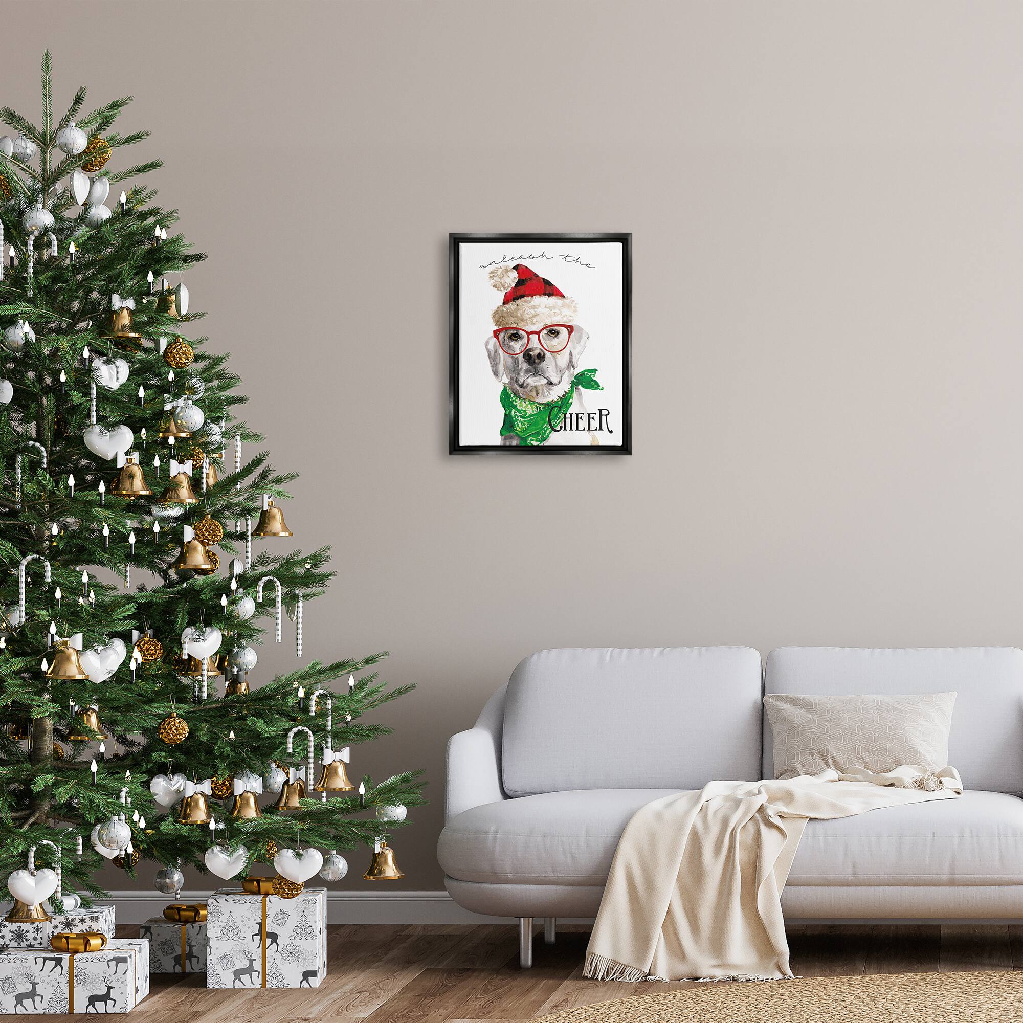 Stupell Industries Unleash The Cheer Holiday Dog Framed Floater Canvas Wall Art