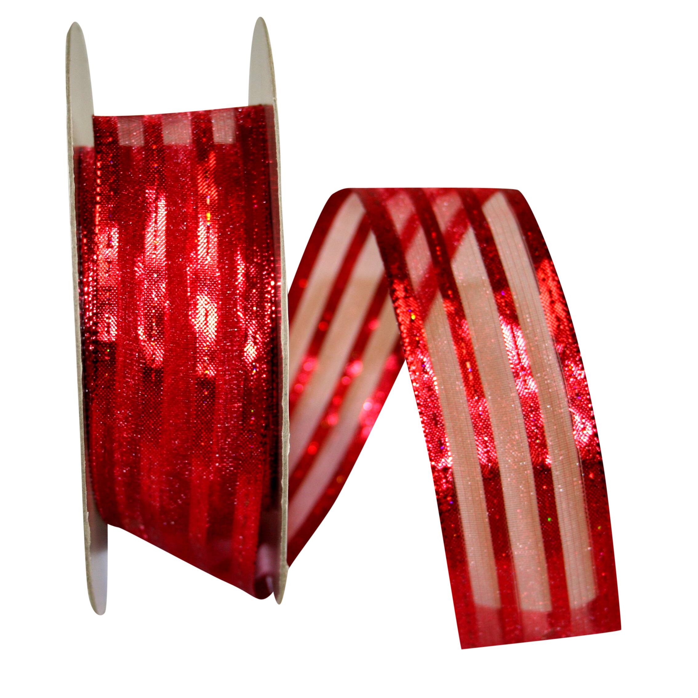 JAM Paper 1.5" x 50yd. Red Wired Metallic Stripe Value Ribbon