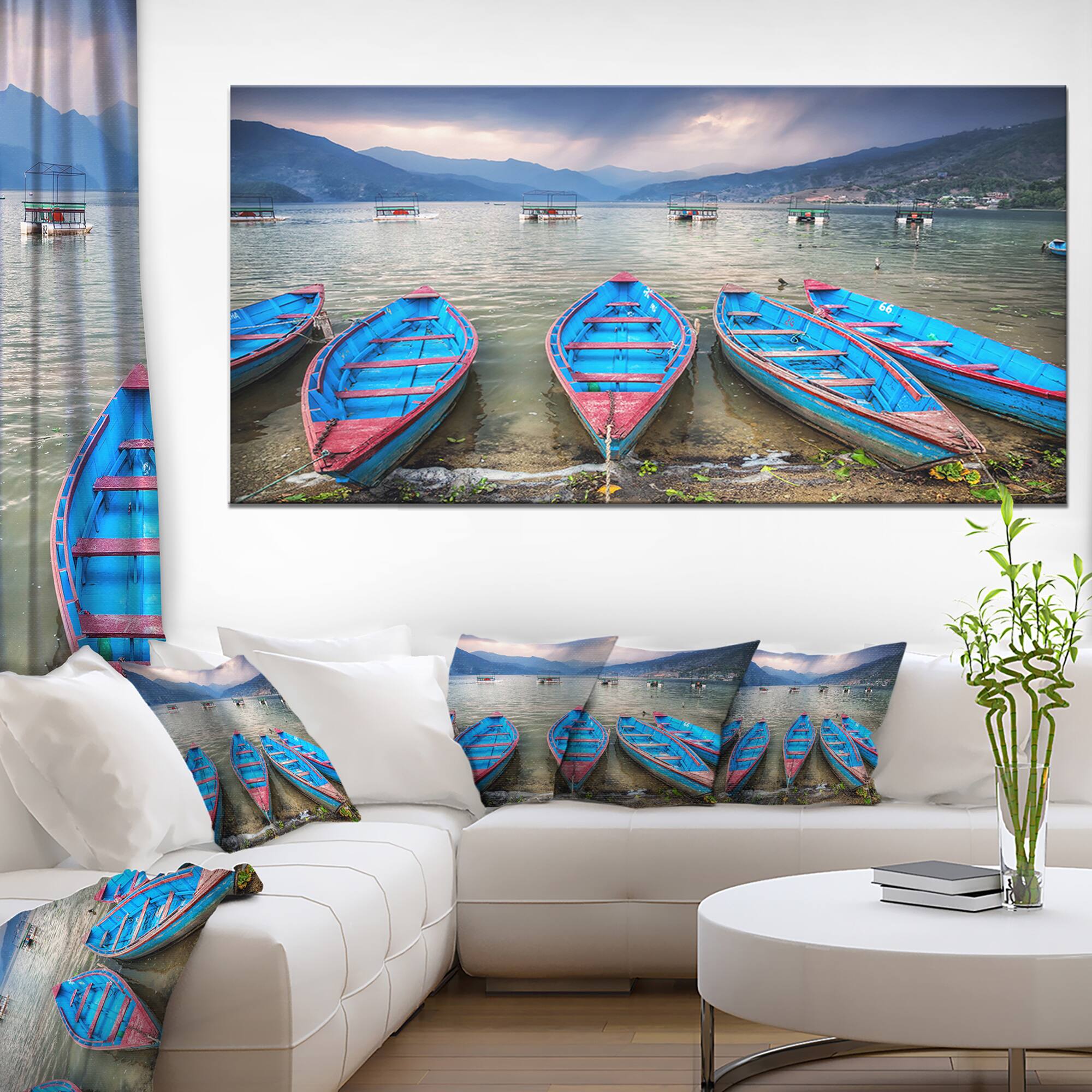 Designart - Row of Blue Boats in Pokhara Lake - Large Boat Canvas Art Print