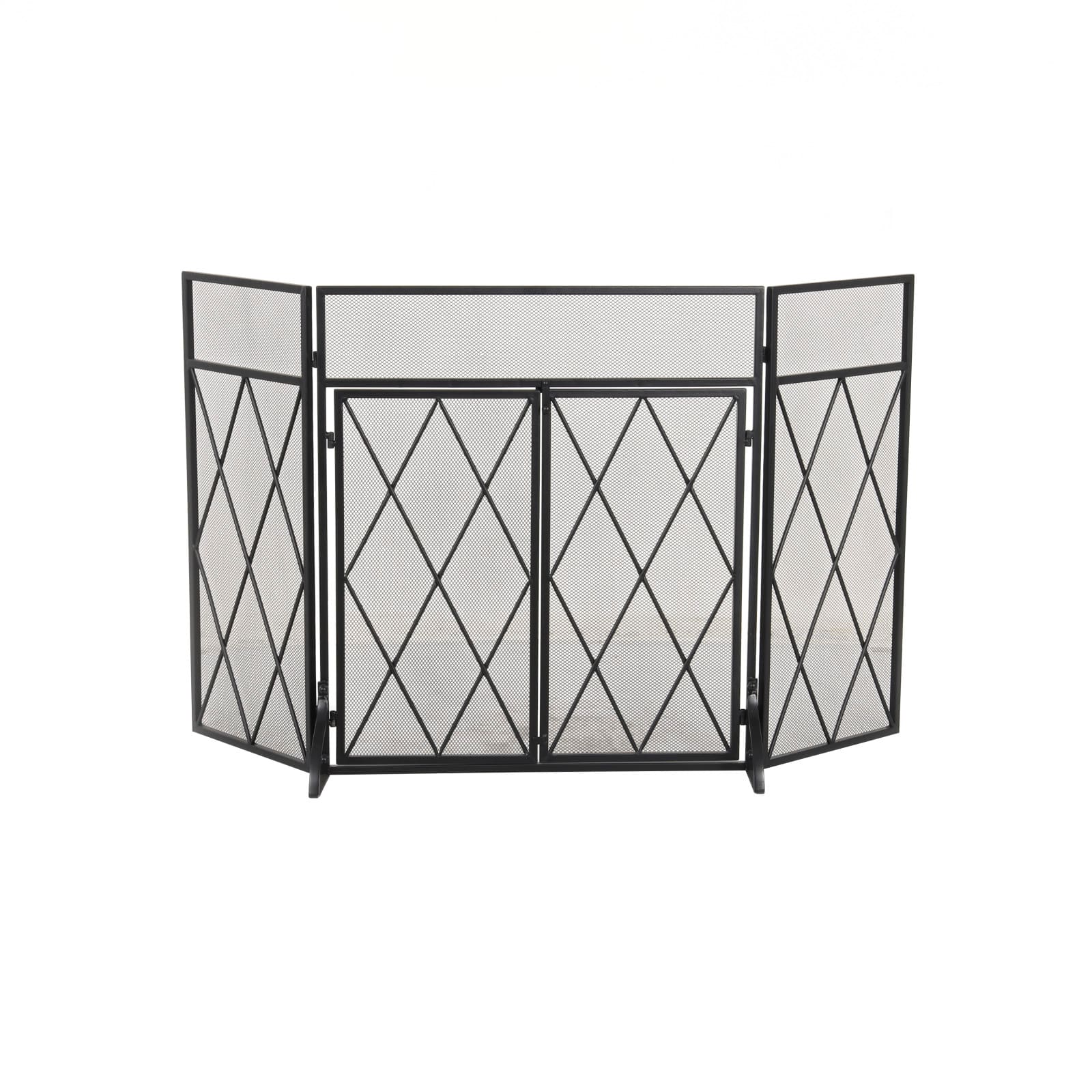 Black Metal Geometric Diamond 3-Panel 2 Door Fireplace Screen