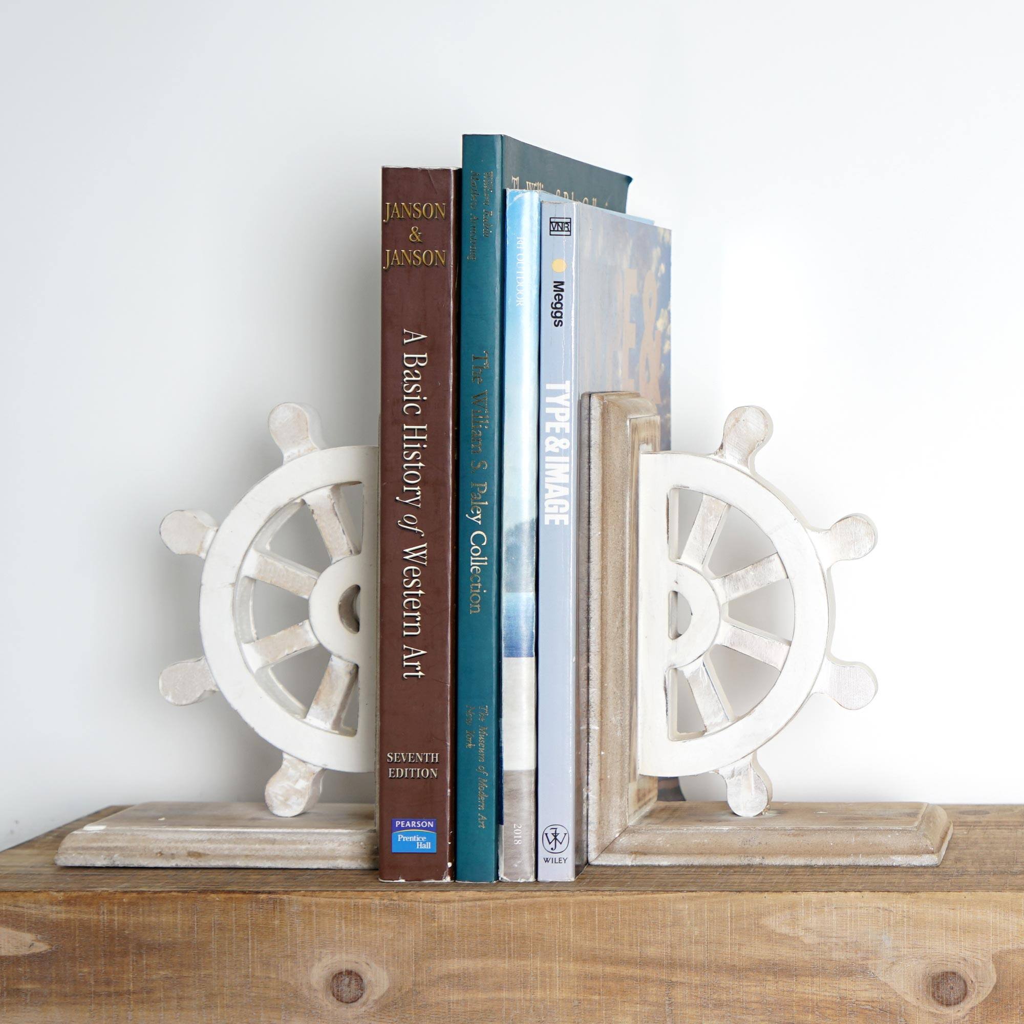 Distressed Vintage Nautical Wheel Wood Bookends (Set of 2)