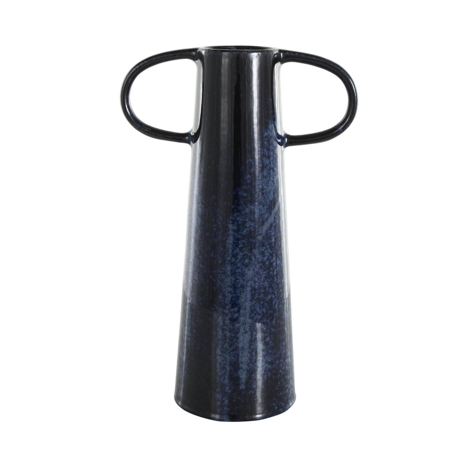 16" Dark Blue Ceramic Textured Cone Vase with Curved Handles