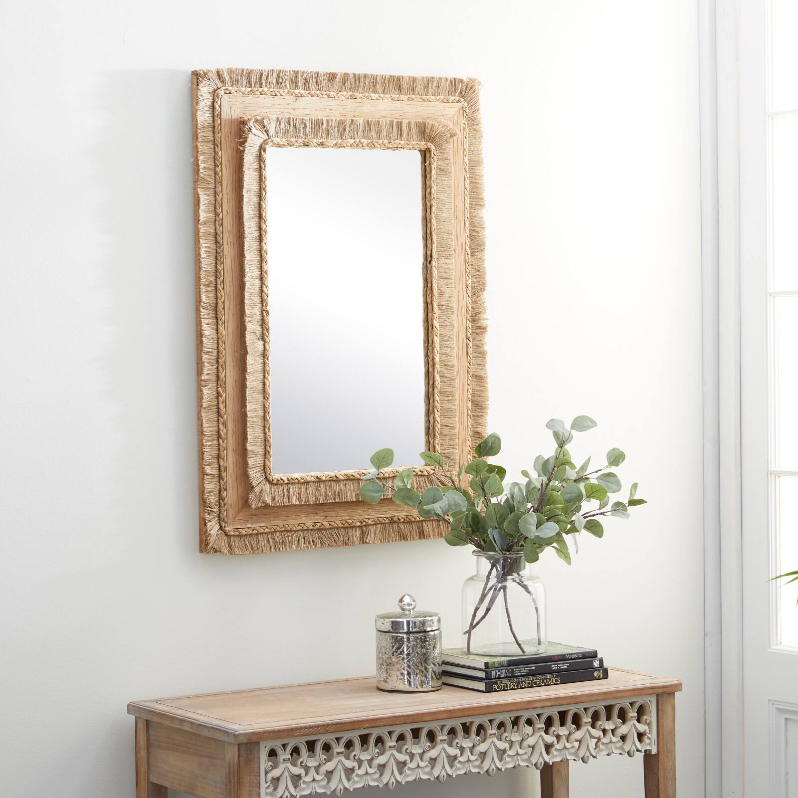 36&#x22; Brown Bohemian Style Wood Wall Mirror