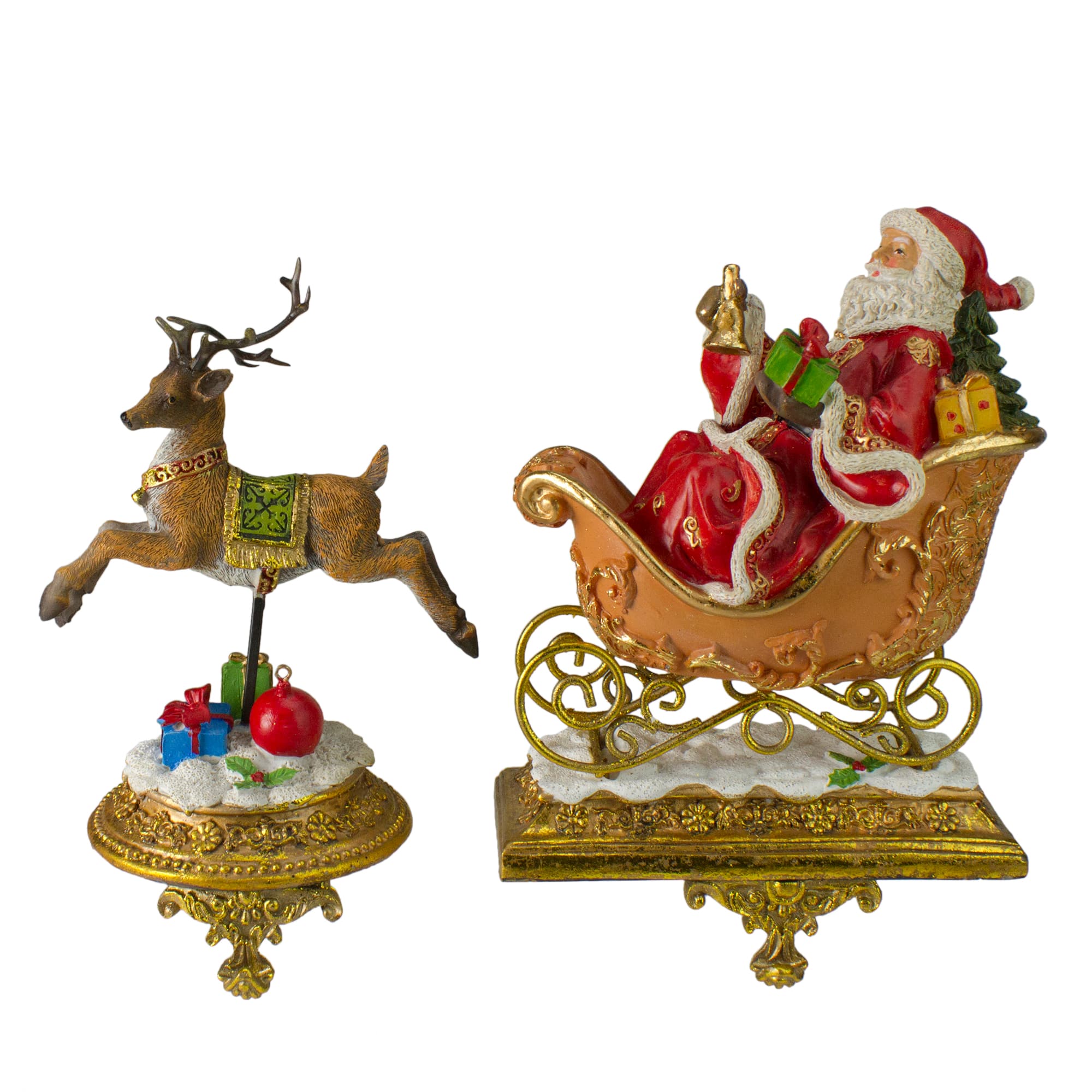 9.5" Gold Santa & Reindeer Glittered Christmas Stocking Holder Set