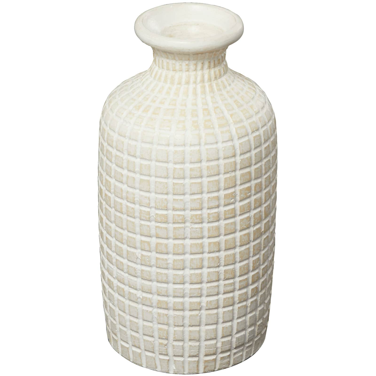 Cream Ceramic Textured Geometric Vase with Checkered Pattern