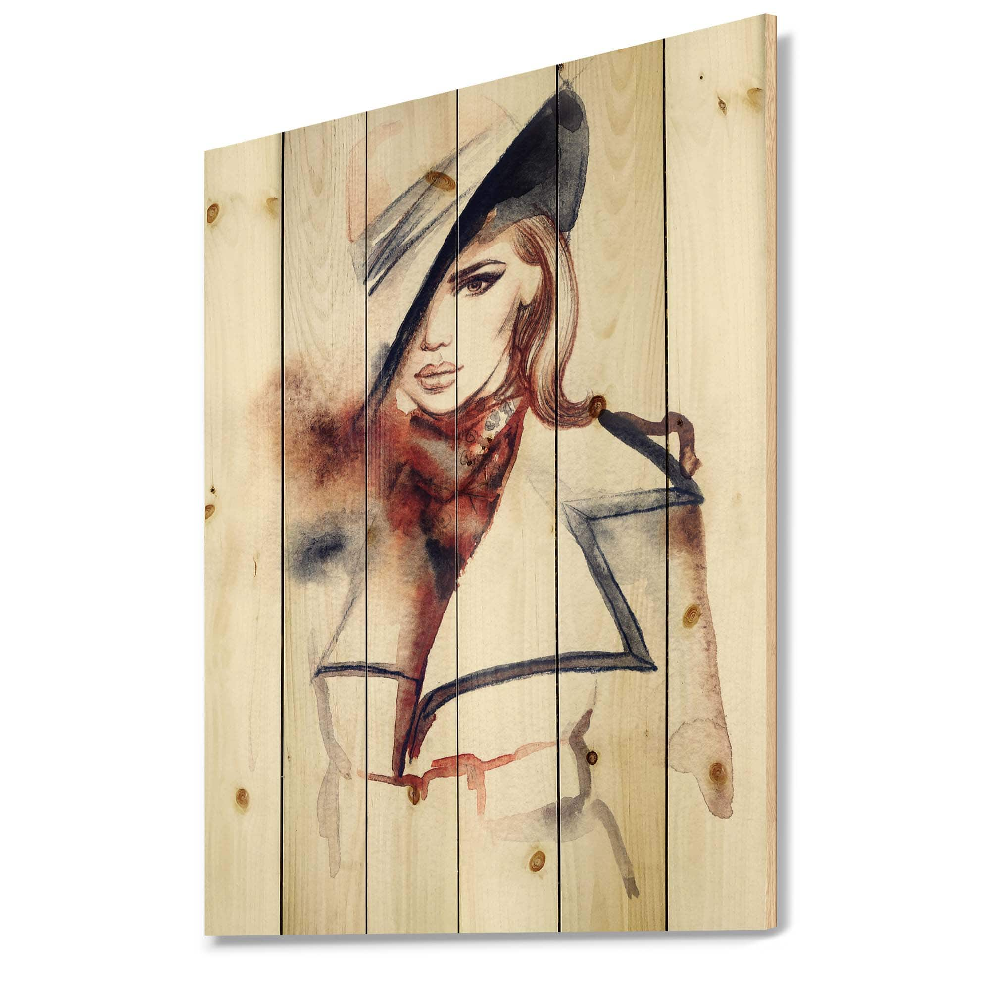 Designart - Fashion Portrait of Woman With Ht - Modern Print on Natural Pine Wood