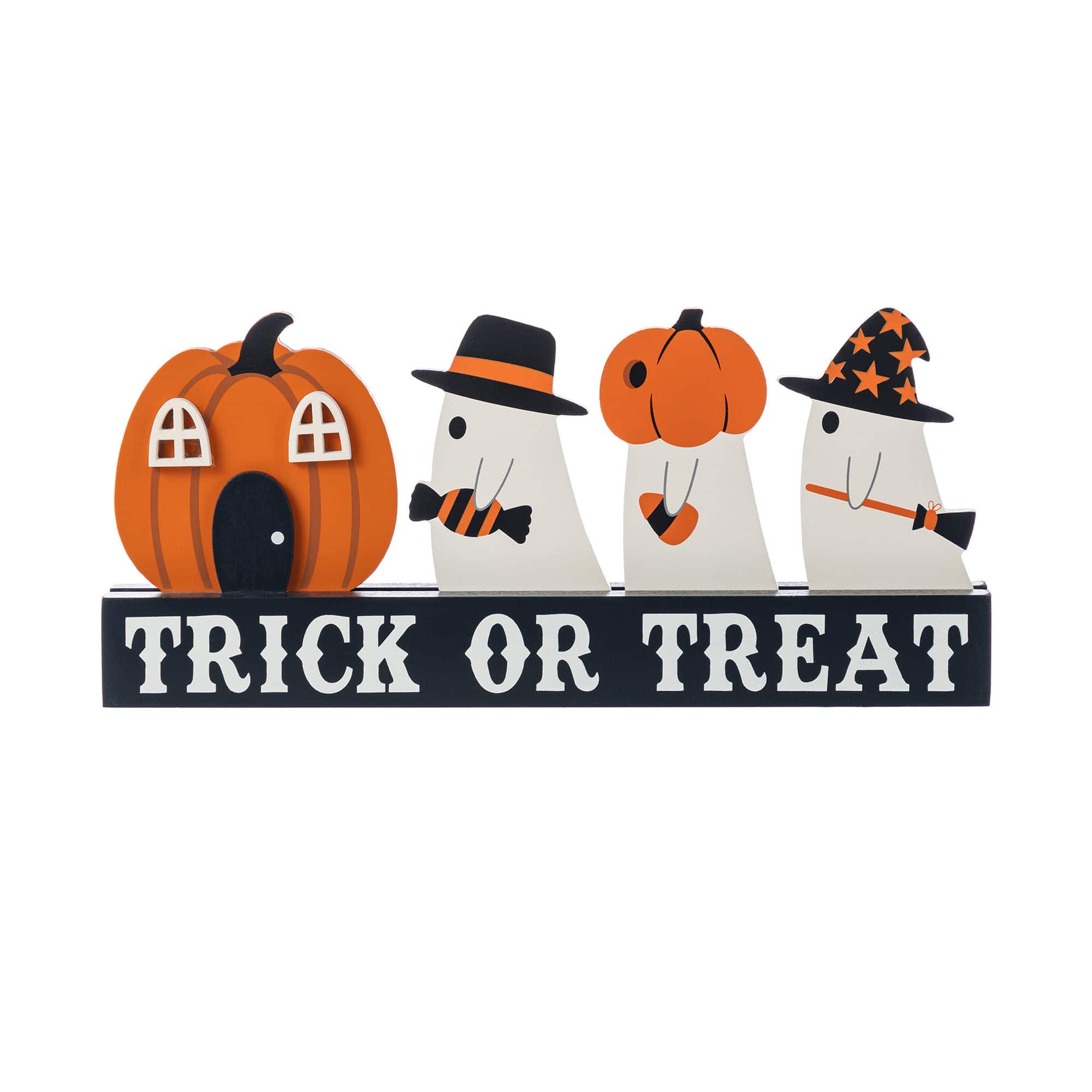 Glitzhome&#xAE; 12&#x22;L Halloween Wooden TRICK OR TREAT Pumpkin &#x26; Ghosts Table Decor