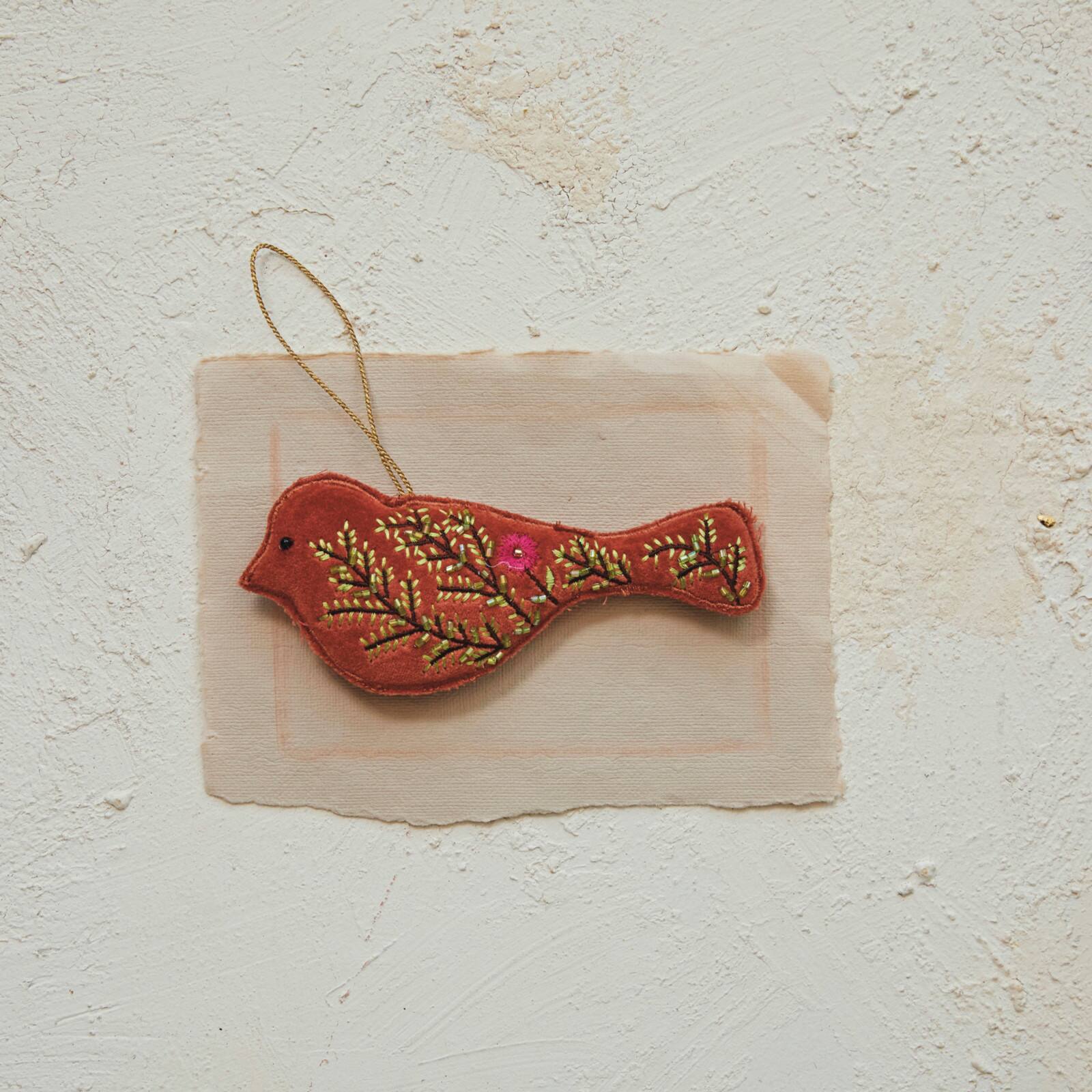 Hello Honey® 5.5" Orange Embroidered Bird Cotton Velvet Bird Ornament